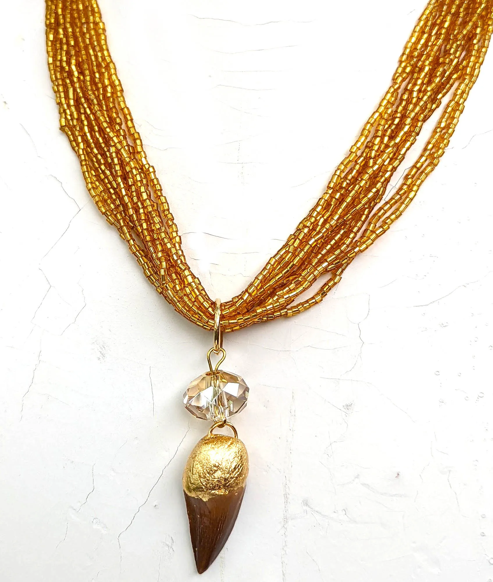 Mosasaurus Tooth Fossil   Czech Rep Seed Bead Multi Strand NOW Necklace Gay Isber Unisex Gift Box