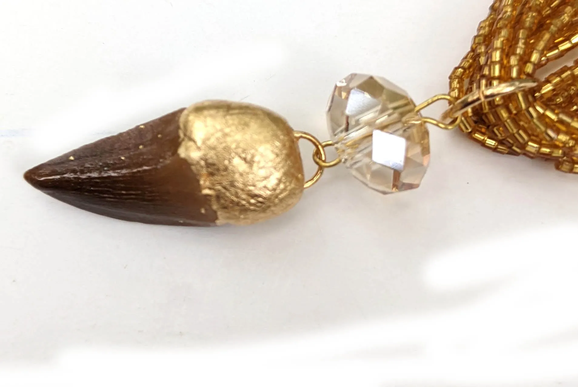 Mosasaurus Tooth Fossil   Czech Rep Seed Bead Multi Strand NOW Necklace Gay Isber Unisex Gift Box