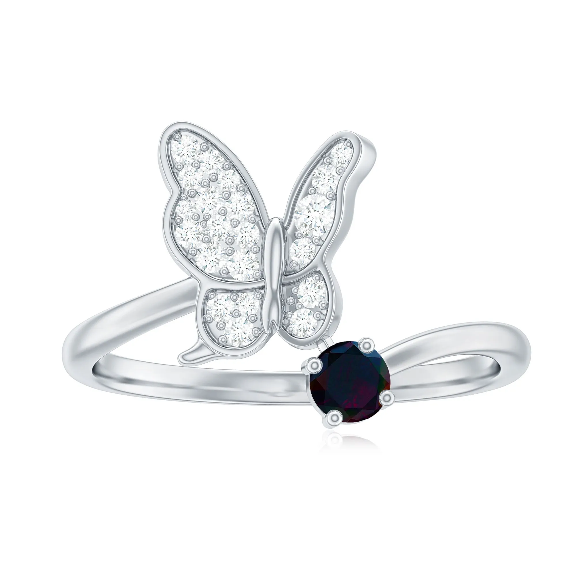 Natural Black Opal and Diamond Butterfly Ring
