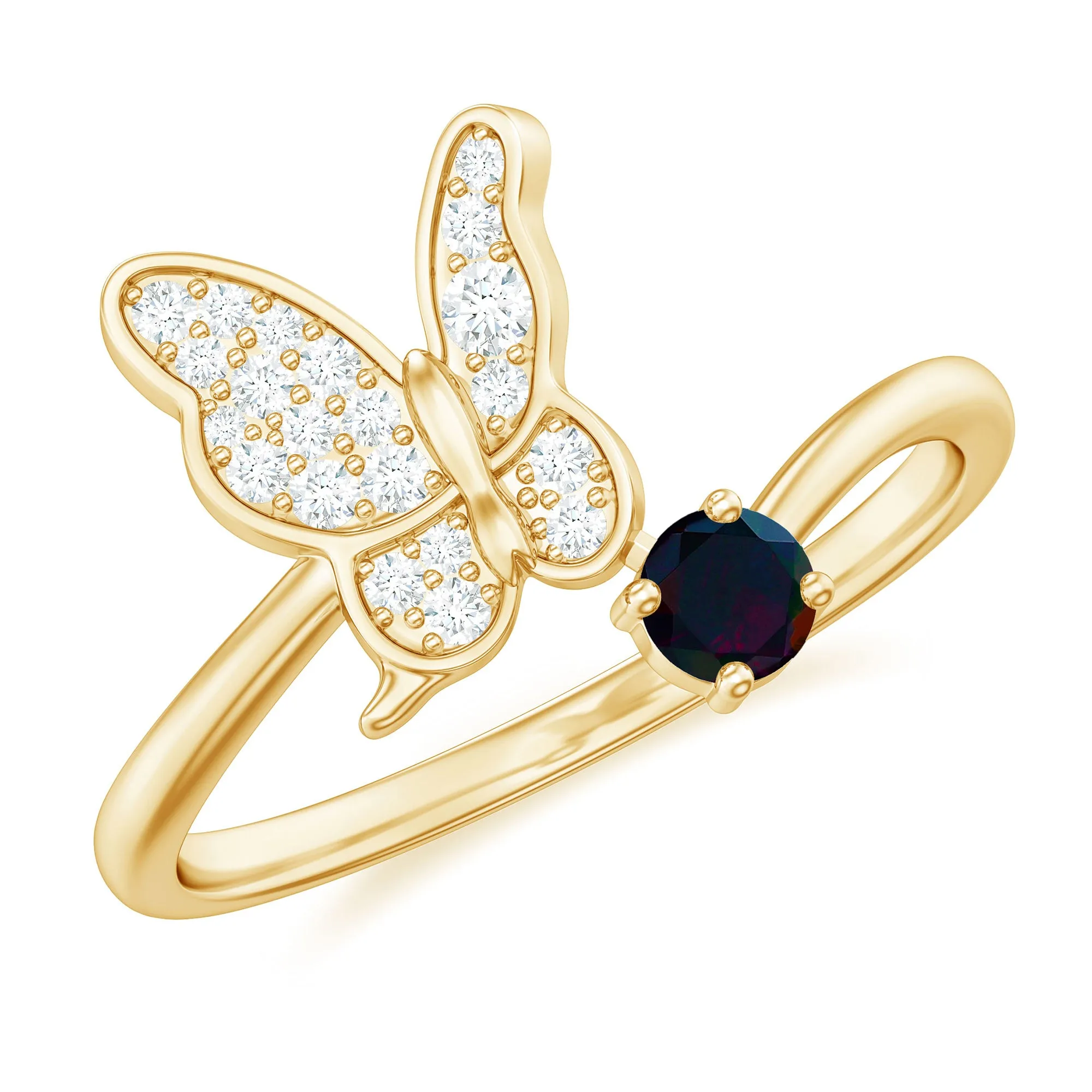 Natural Black Opal and Diamond Butterfly Ring