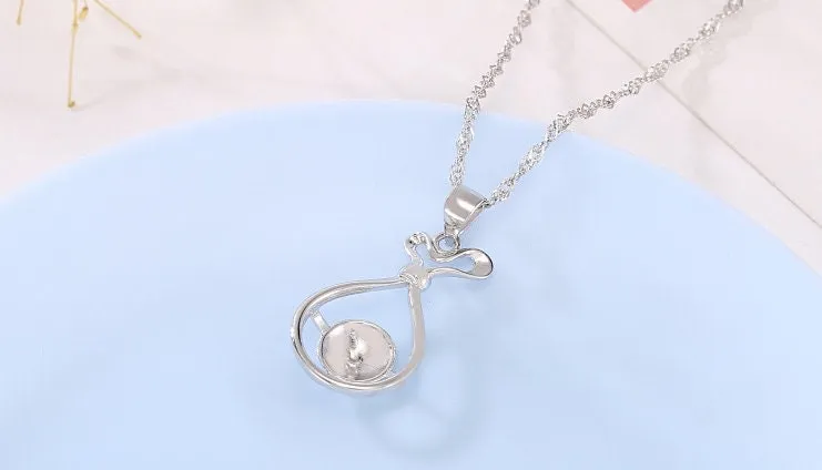 Necklace Pendant Blank Setting Gift Bag Charm 27mm Sterling Silver White Gold Fine 925 For One Pearl Prong DIY Jewelry Finding Wholesale 1pc