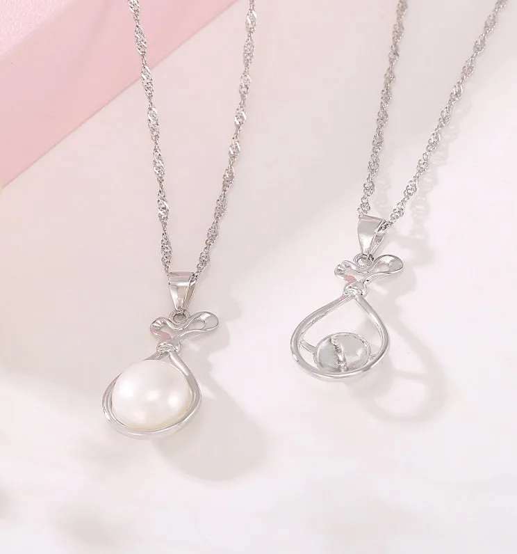 Necklace Pendant Blank Setting Gift Bag Charm 27mm Sterling Silver White Gold Fine 925 For One Pearl Prong DIY Jewelry Finding Wholesale 1pc