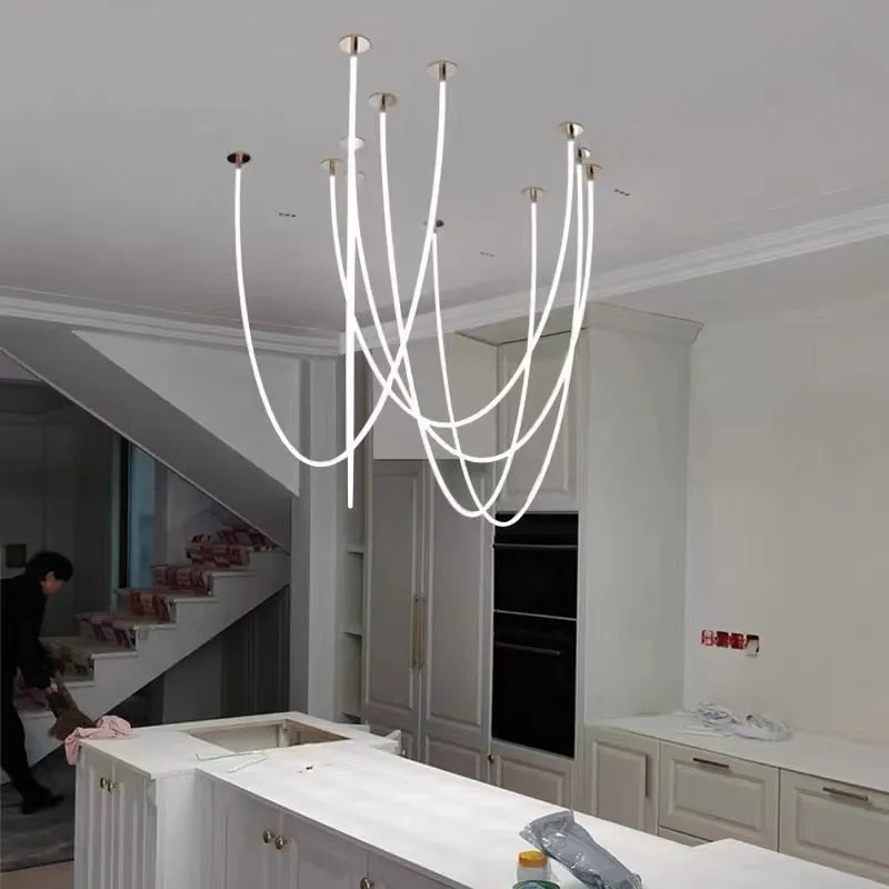 Nordic Minimalist Line Pendant Light Modern Hose Geometric Art Lamps for Living Room Kitchen Hotel Lobby Villa Loft Chandeliers