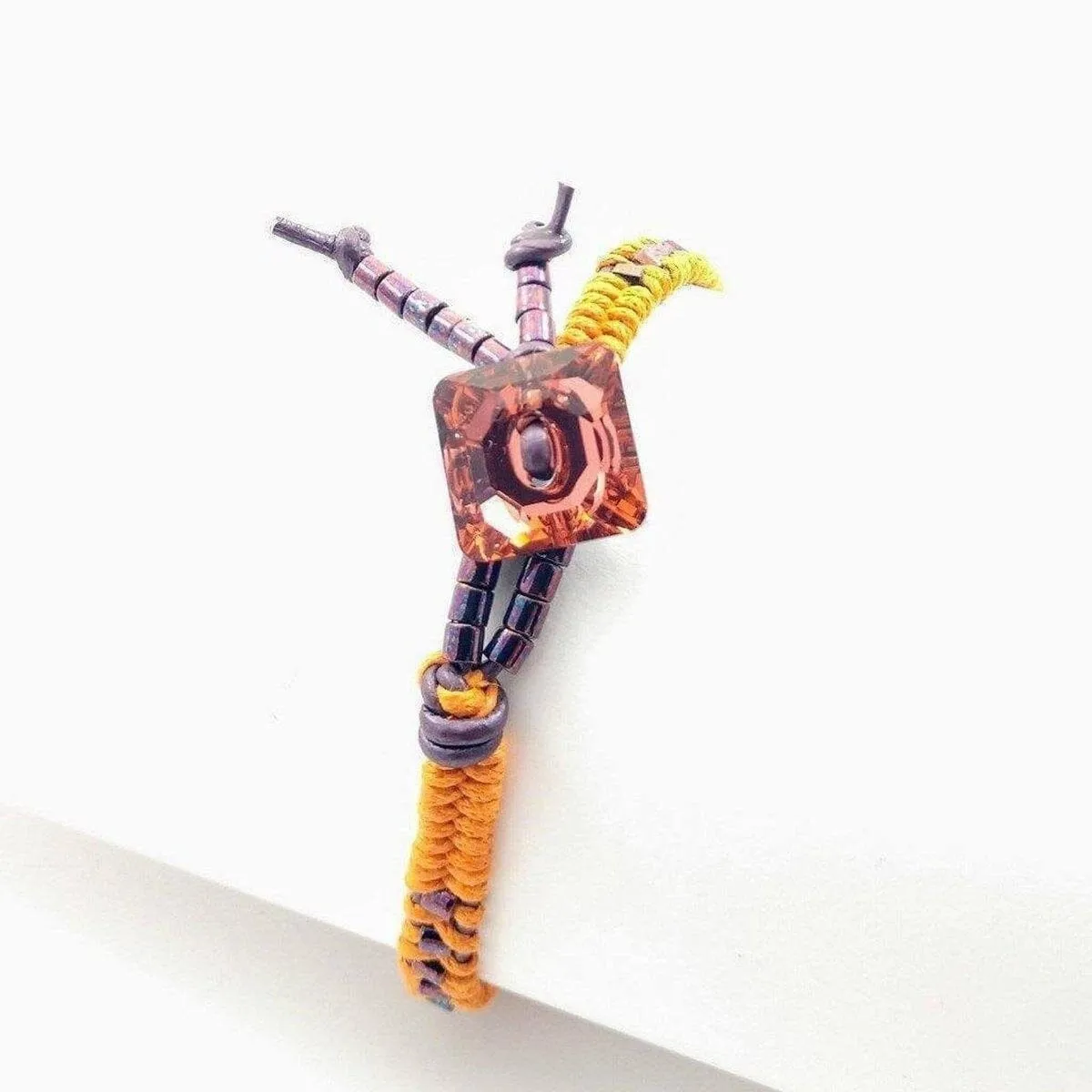 Orange Purple Leather Beaded Rattlesnake Tail Weave Bracelet