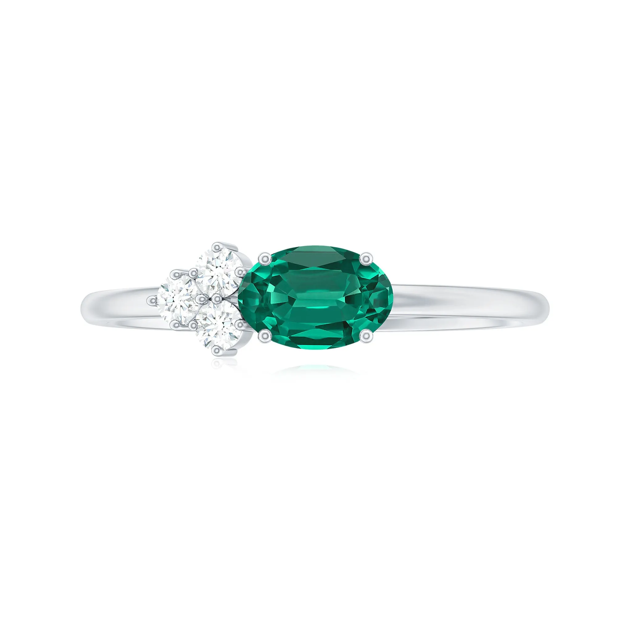Oval Cut Created Emerald Minimal East West Ring with Diamond Trio
