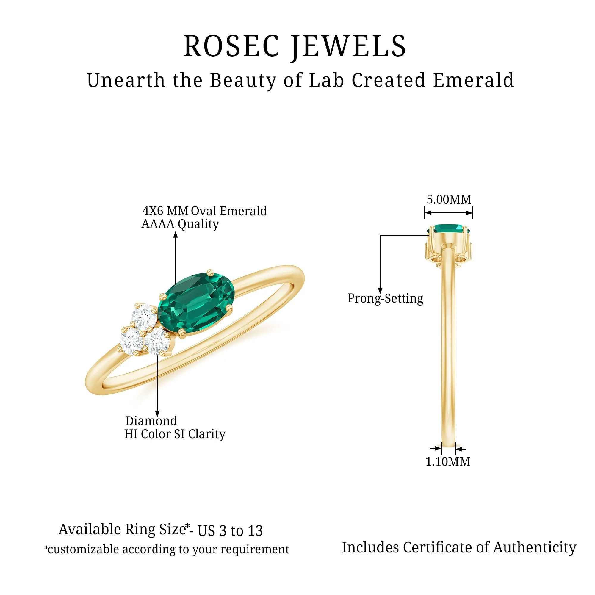 Oval Cut Created Emerald Minimal East West Ring with Diamond Trio