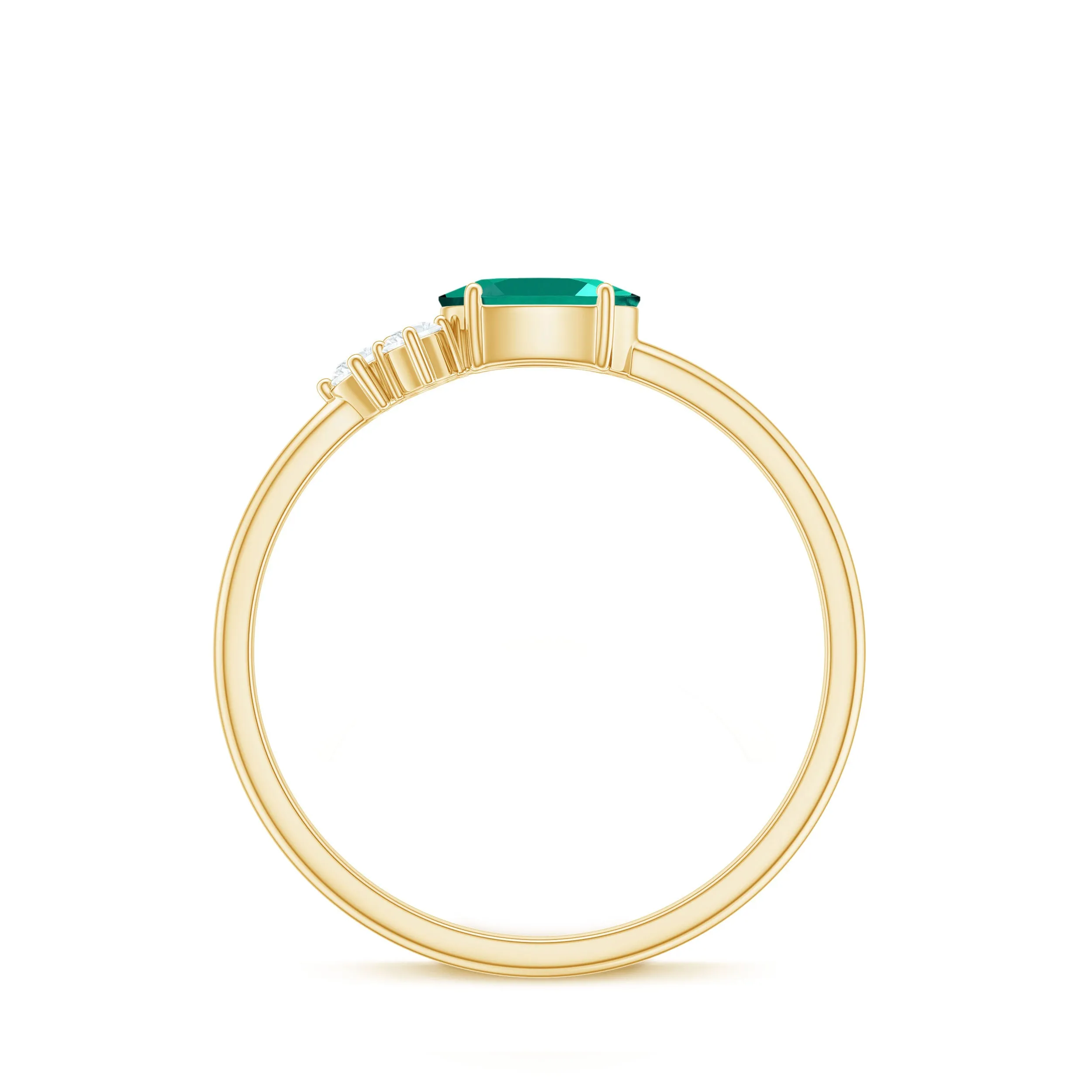 Oval Cut Created Emerald Minimal East West Ring with Diamond Trio