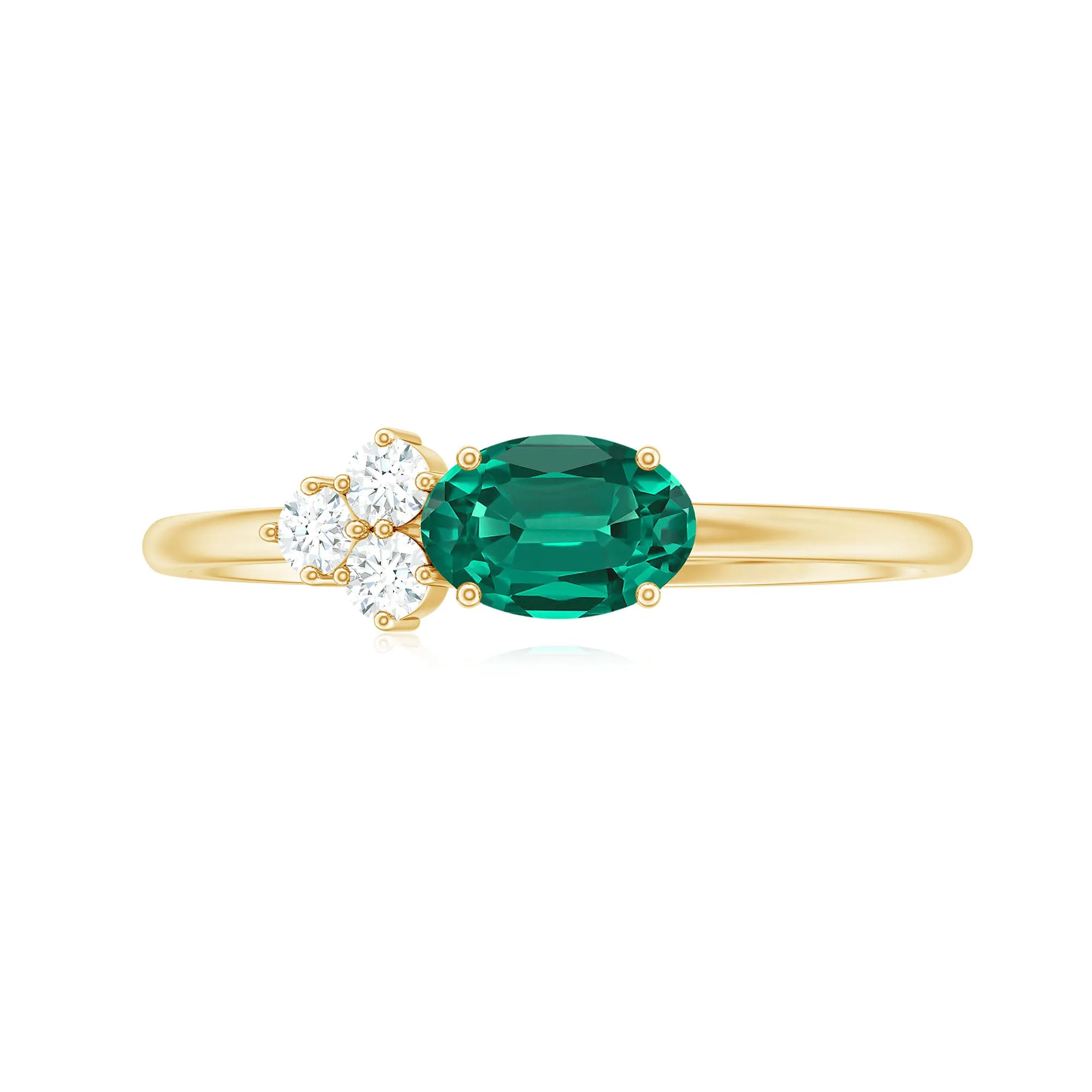 Oval Cut Created Emerald Minimal East West Ring with Diamond Trio