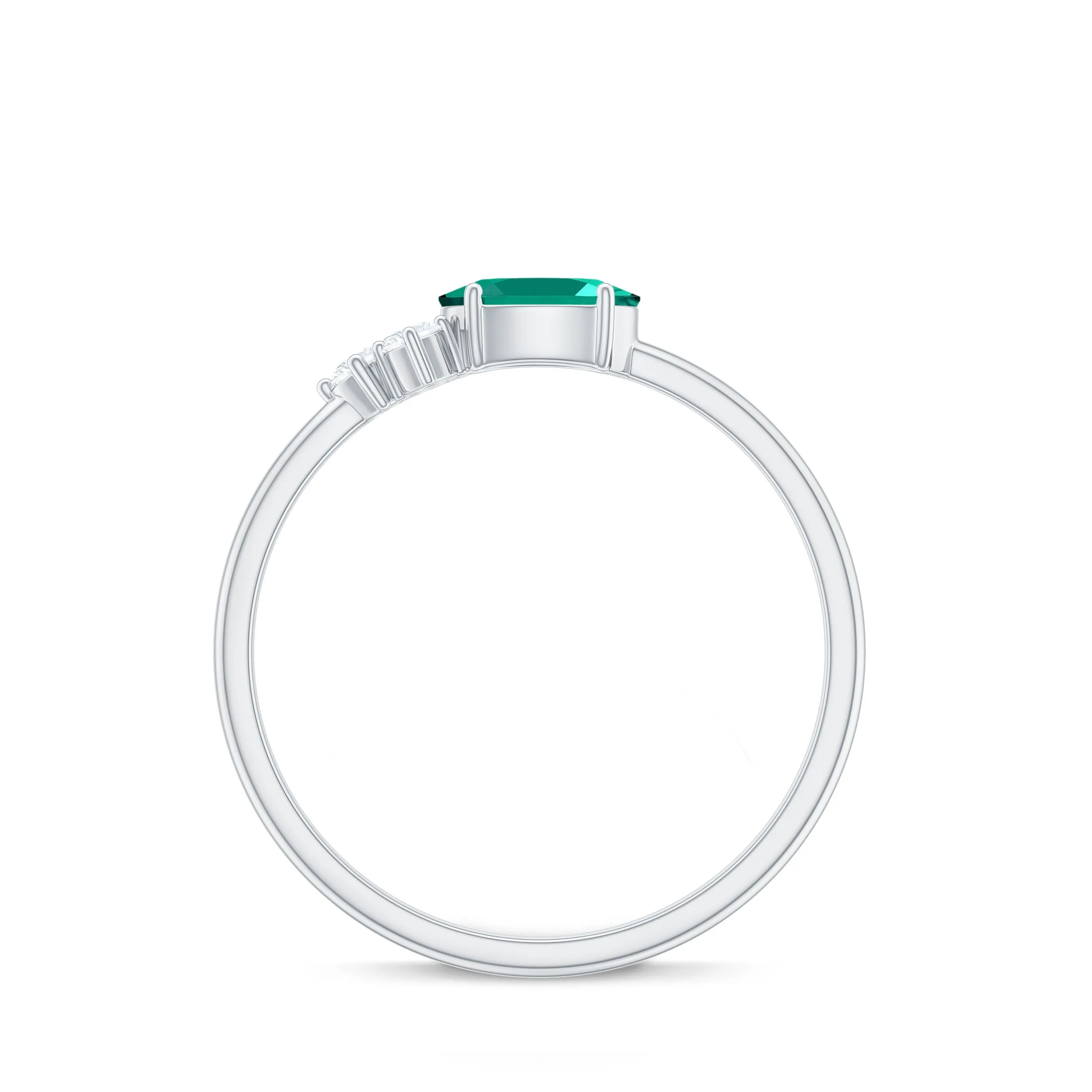 Oval Cut Created Emerald Minimal East West Ring with Diamond Trio