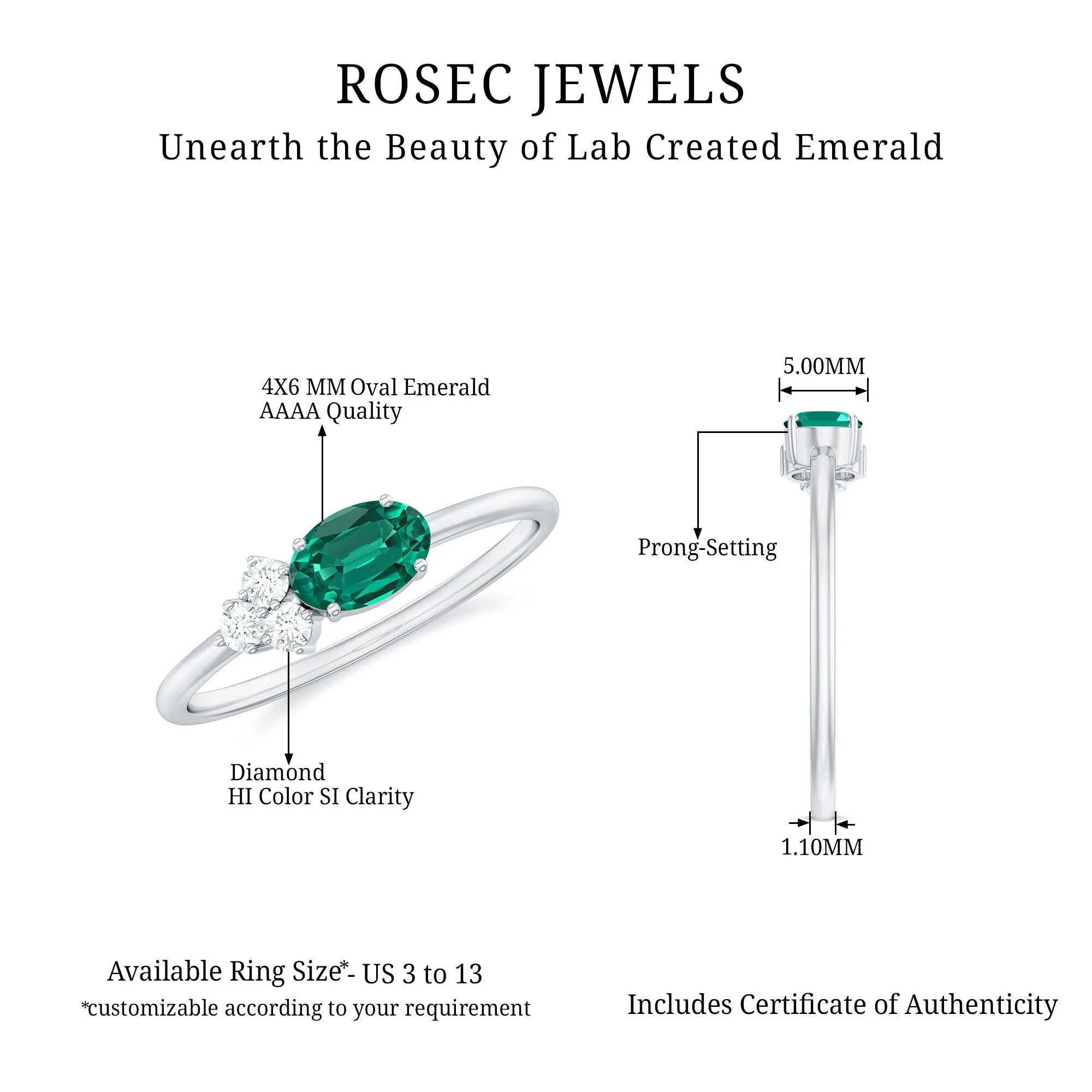 Oval Cut Created Emerald Minimal East West Ring with Diamond Trio