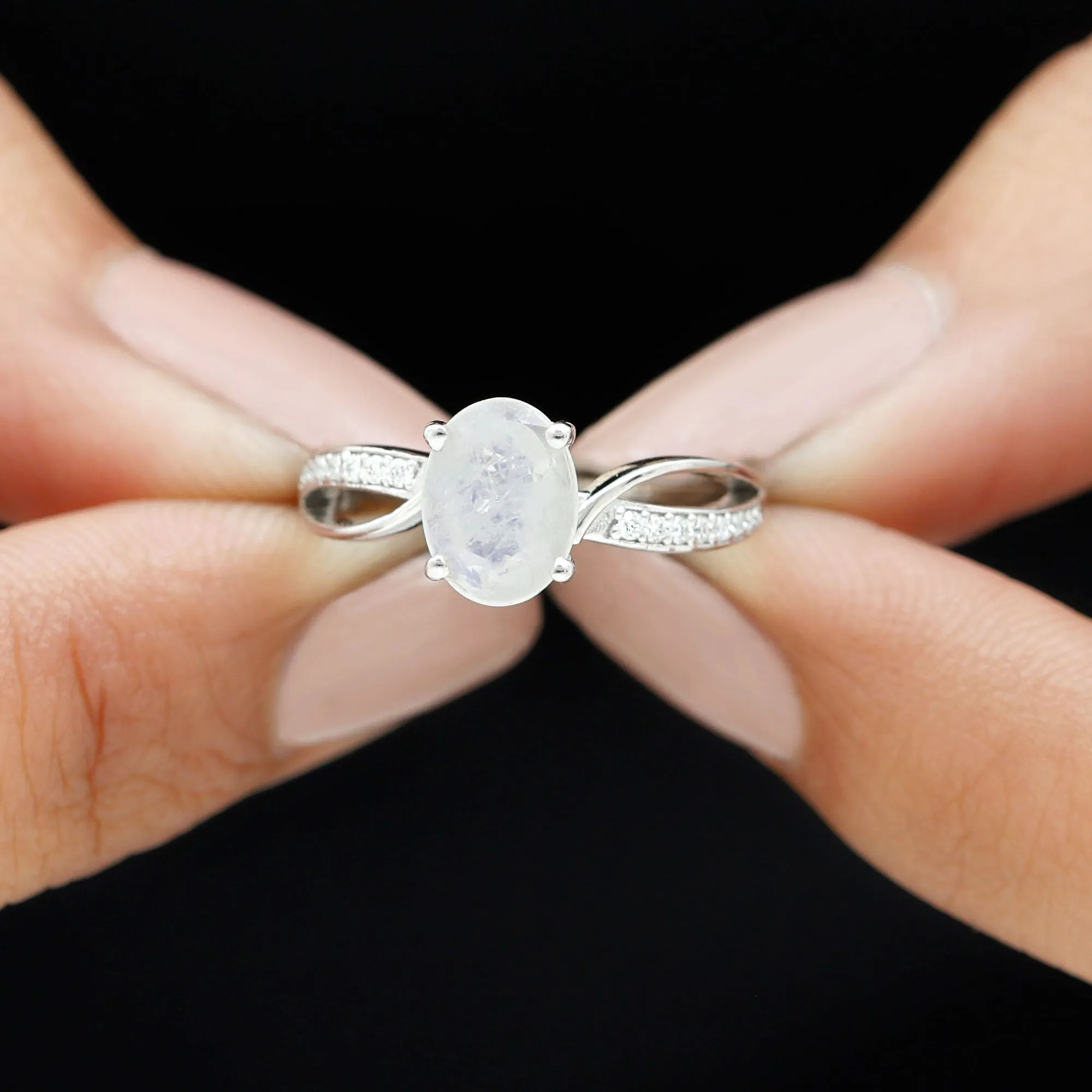 Oval Moonstone Solitaire Engagement Ring with Split Shank