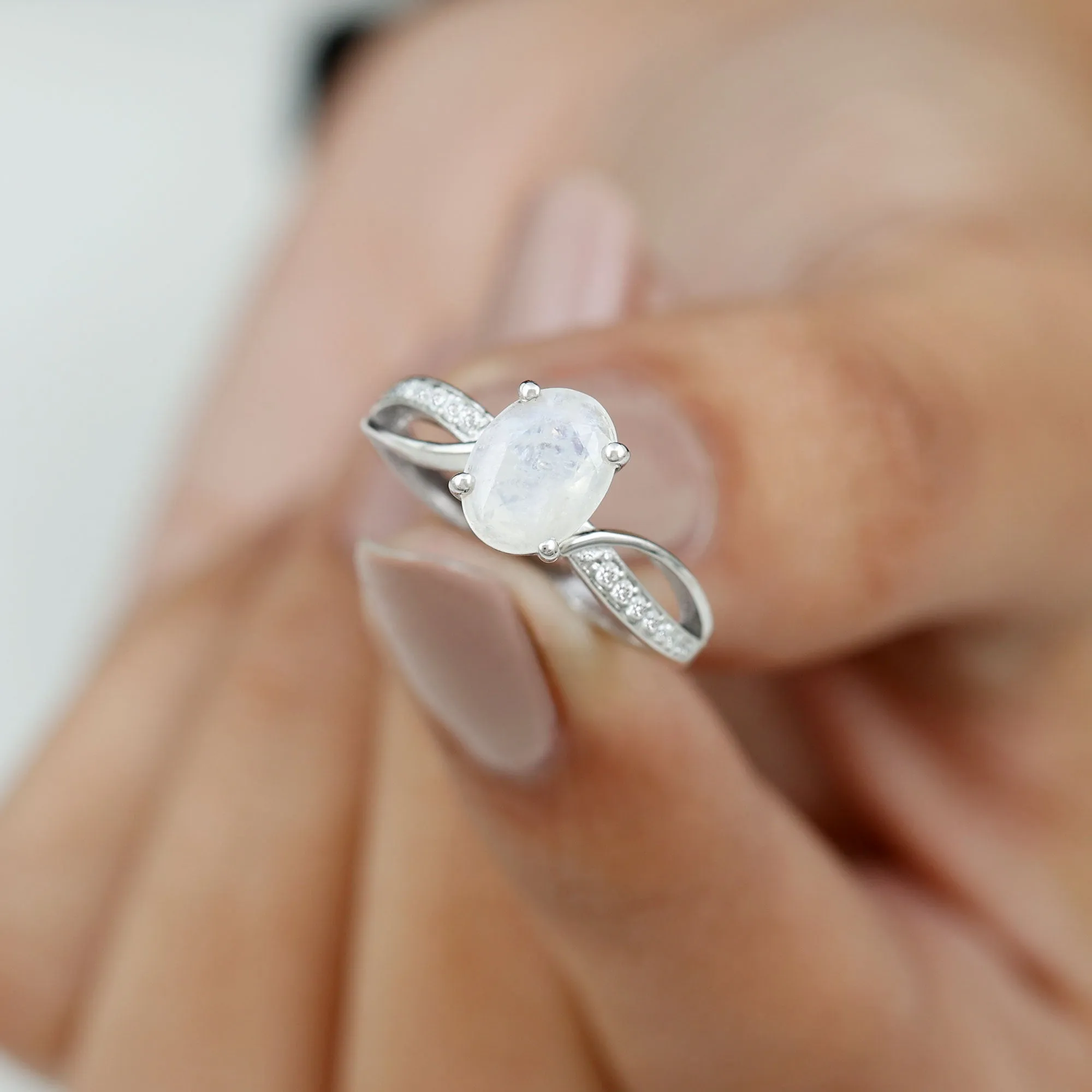 Oval Moonstone Solitaire Engagement Ring with Split Shank