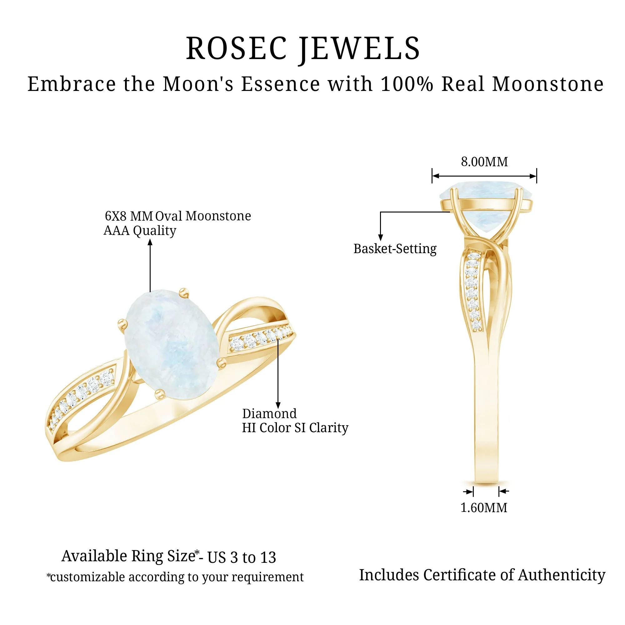 Oval Moonstone Solitaire Engagement Ring with Split Shank