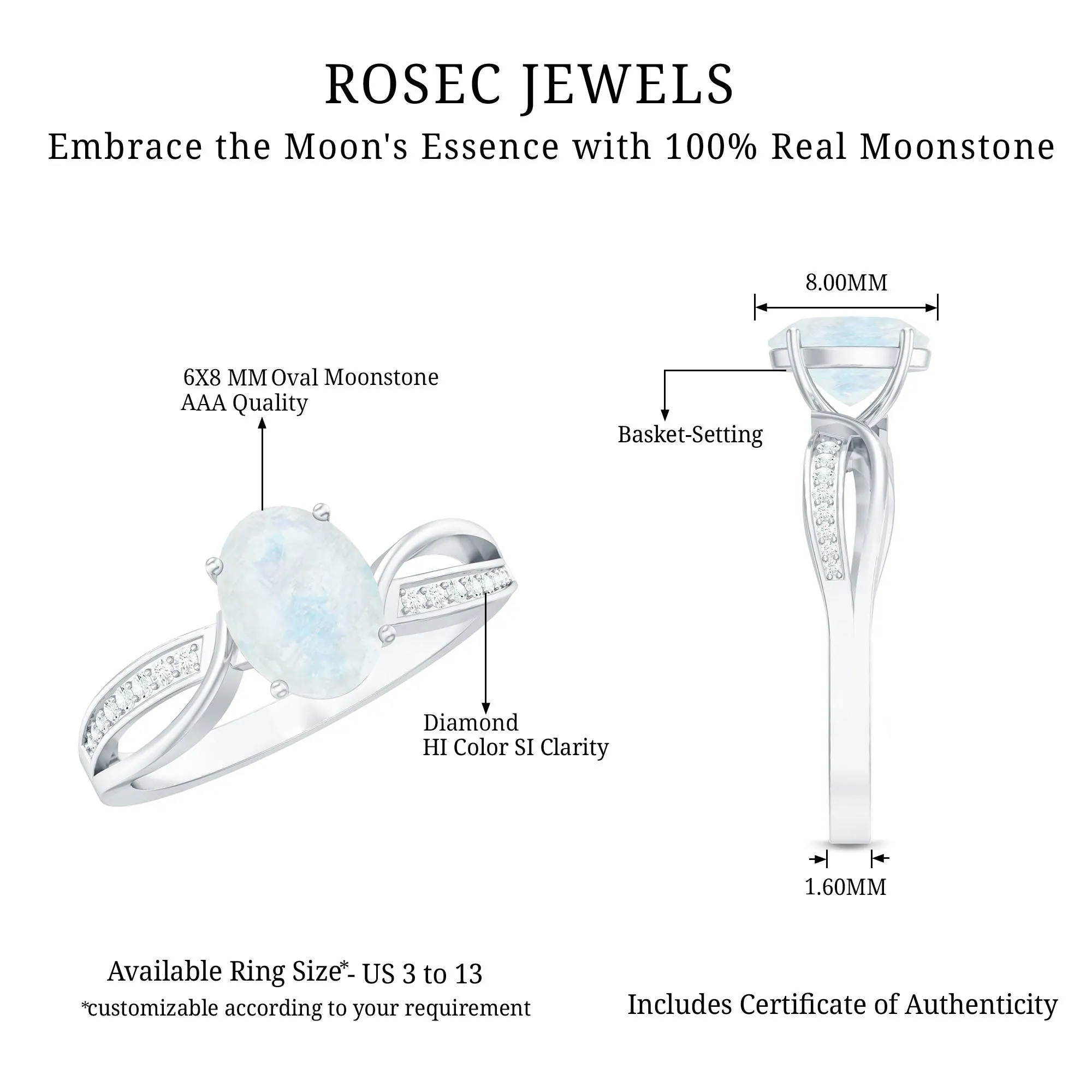Oval Moonstone Solitaire Engagement Ring with Split Shank