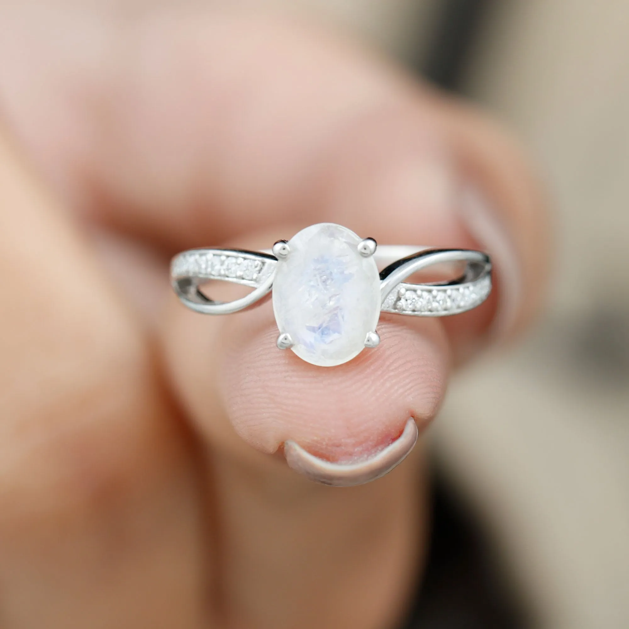 Oval Moonstone Solitaire Engagement Ring with Split Shank