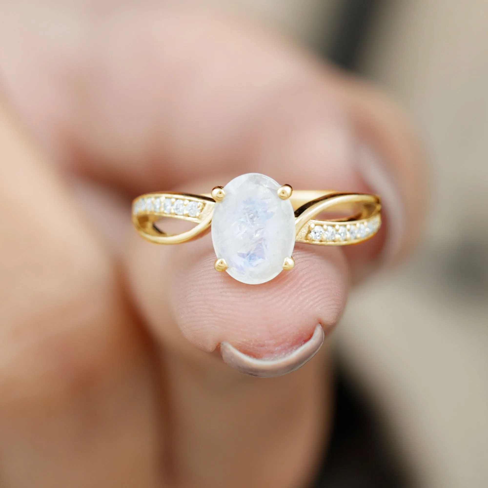 Oval Moonstone Solitaire Engagement Ring with Split Shank