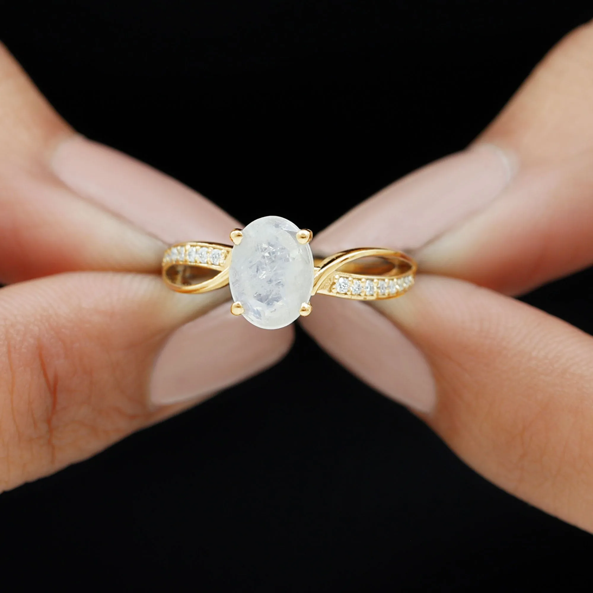 Oval Moonstone Solitaire Engagement Ring with Split Shank