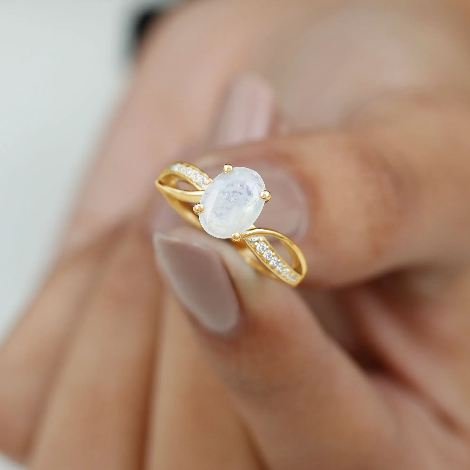 Oval Moonstone Solitaire Engagement Ring with Split Shank