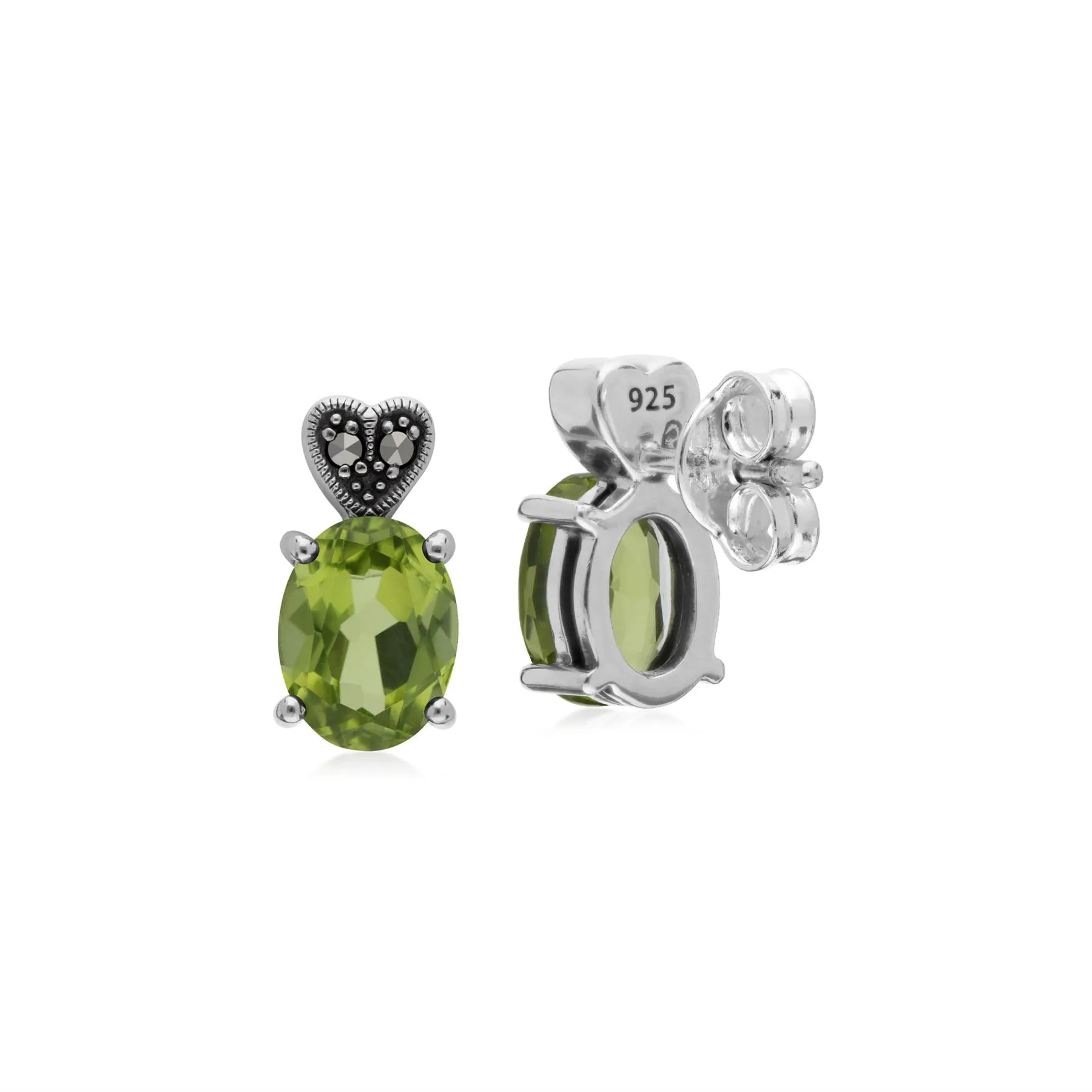 Ovale Peridot & Markasit Herz Ohrstecker in Sterling Silber