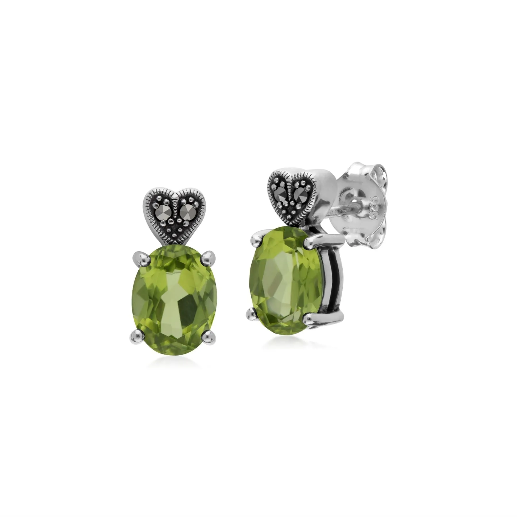 Ovale Peridot & Markasit Herz Ohrstecker in Sterling Silber