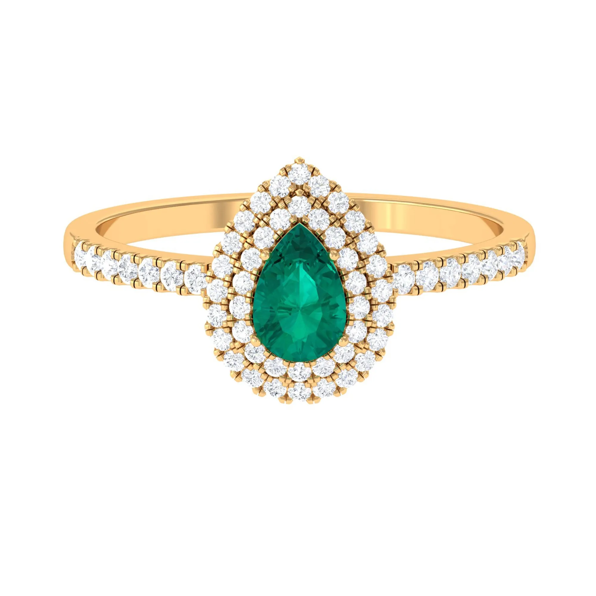 Pear Shape Emerald Engagement Ring with Diamond Double Halo