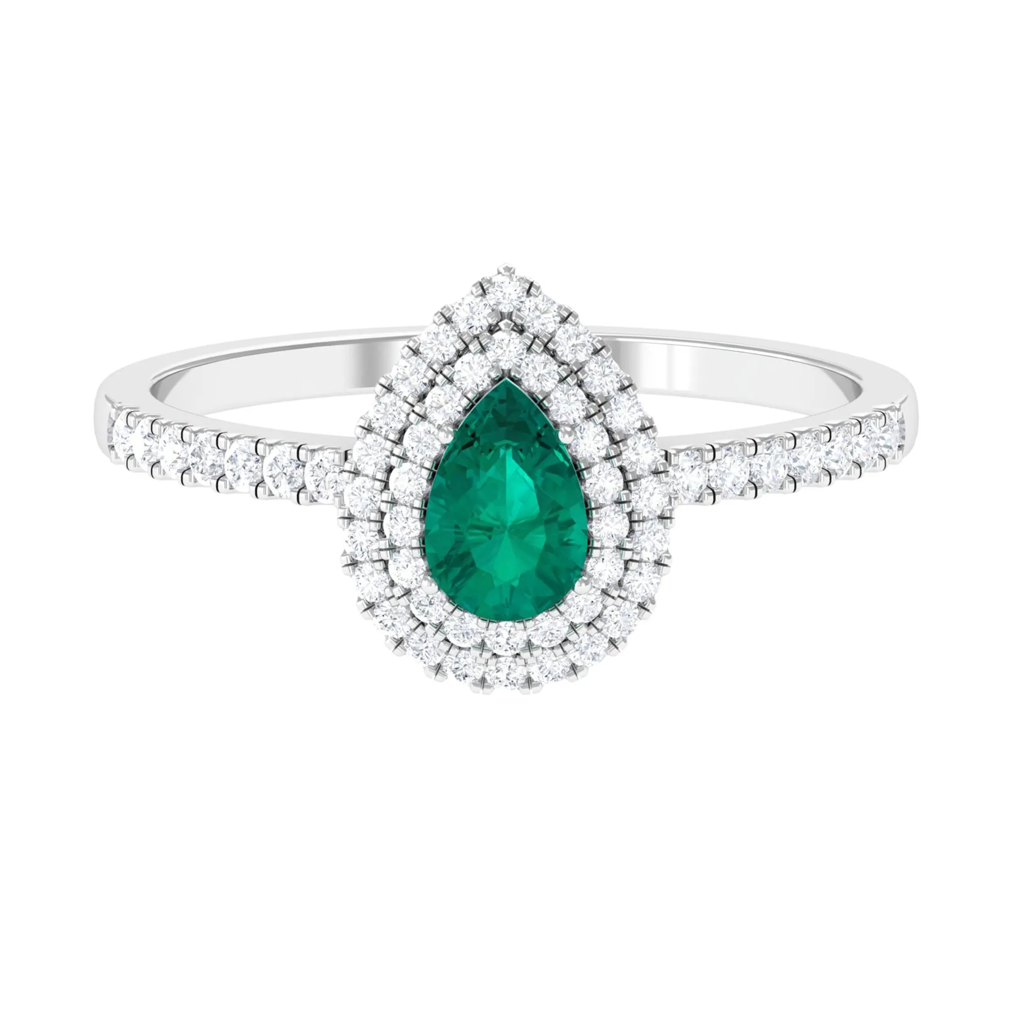 Pear Shape Emerald Engagement Ring with Diamond Double Halo