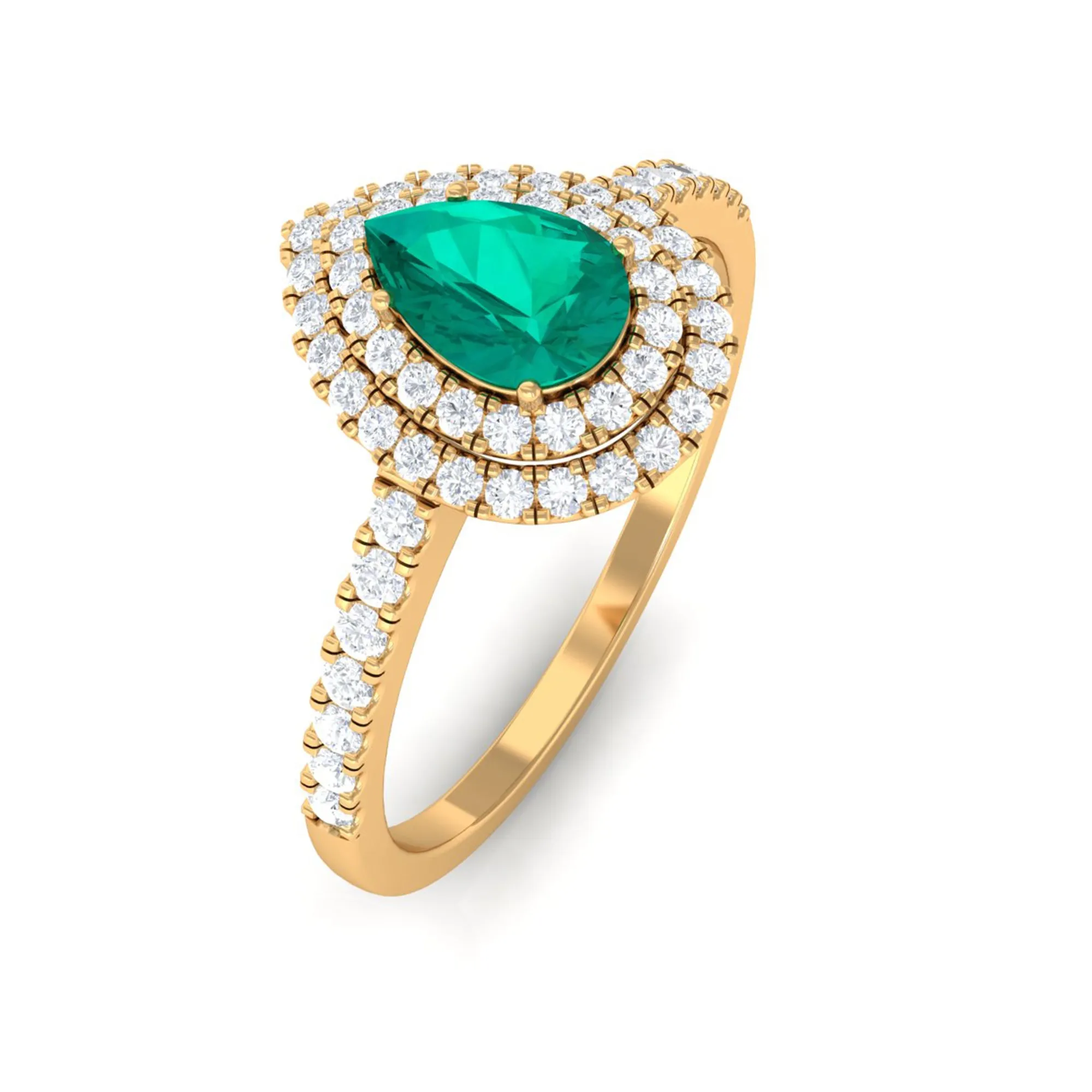 Pear Shape Emerald Engagement Ring with Diamond Double Halo