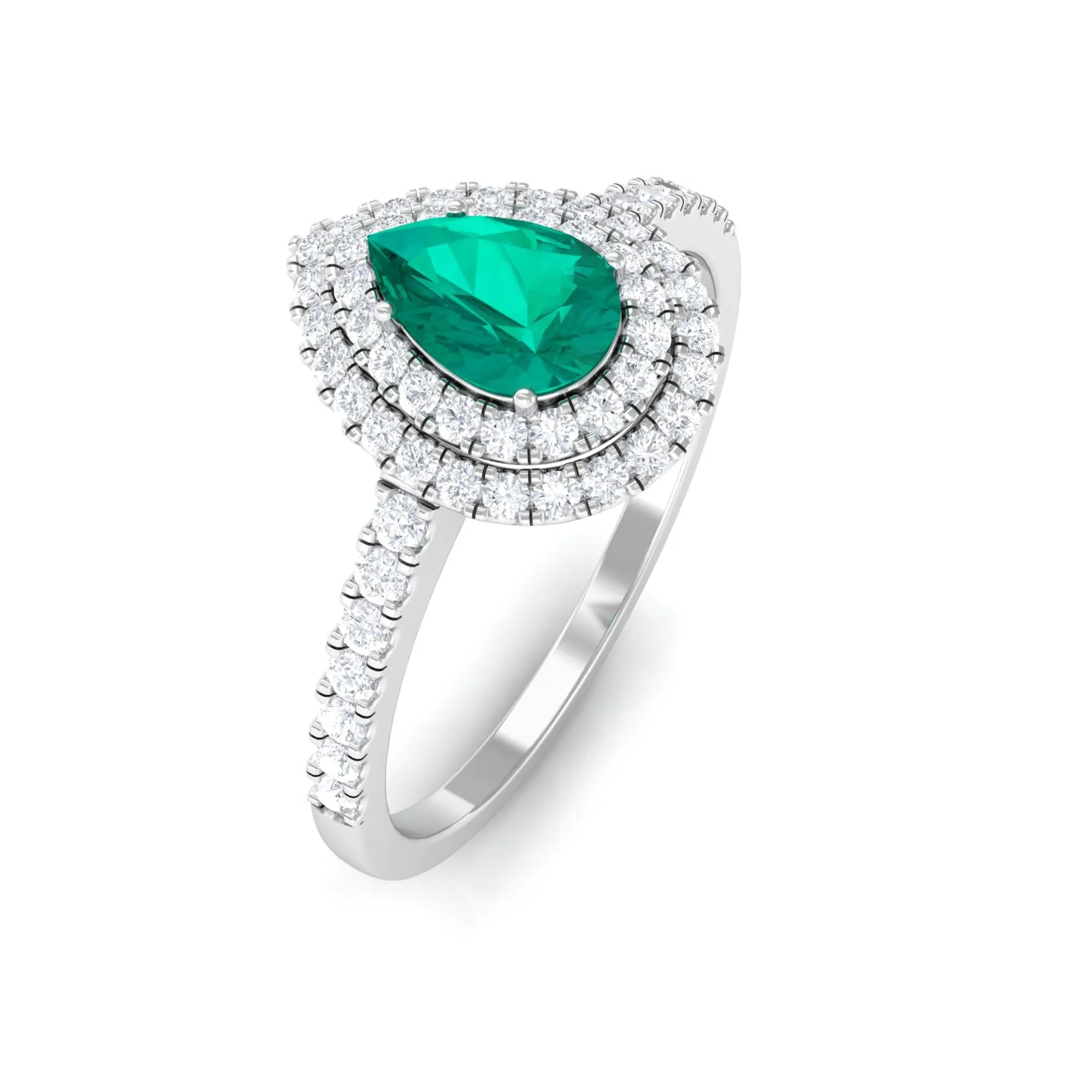 Pear Shape Emerald Engagement Ring with Diamond Double Halo