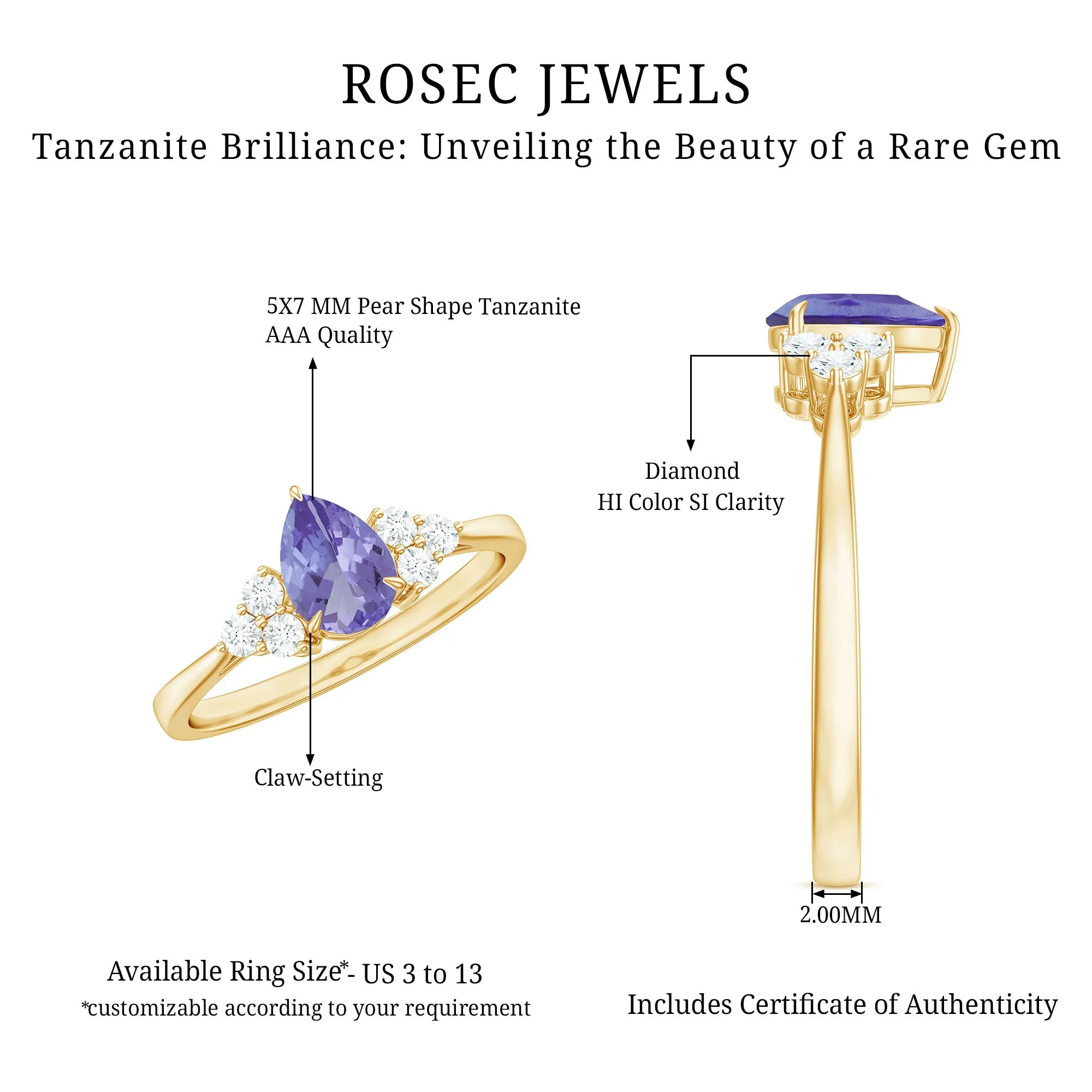 Pear Shaped Tanzanite Solitaire Ring with Diamond Trio