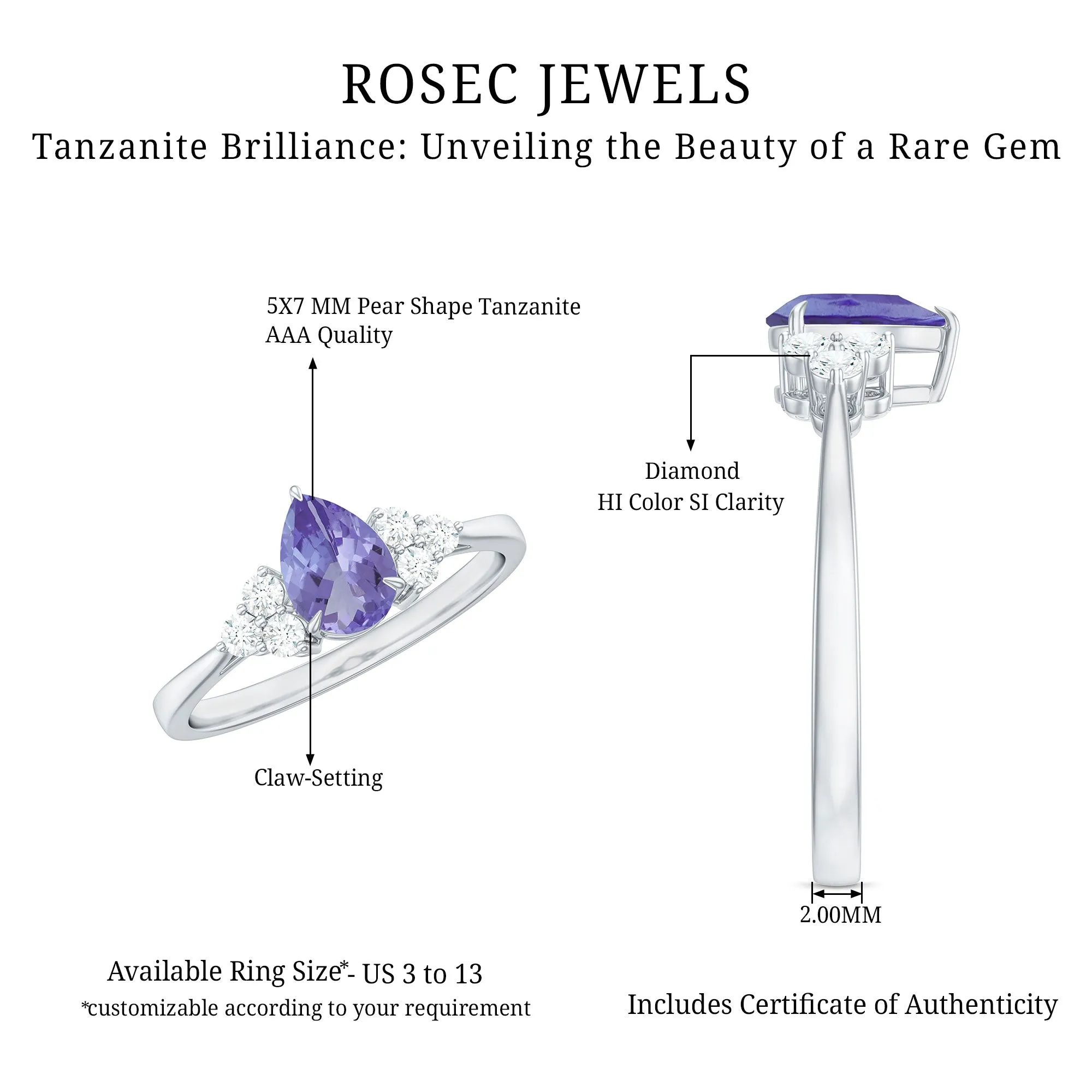 Pear Shaped Tanzanite Solitaire Ring with Diamond Trio