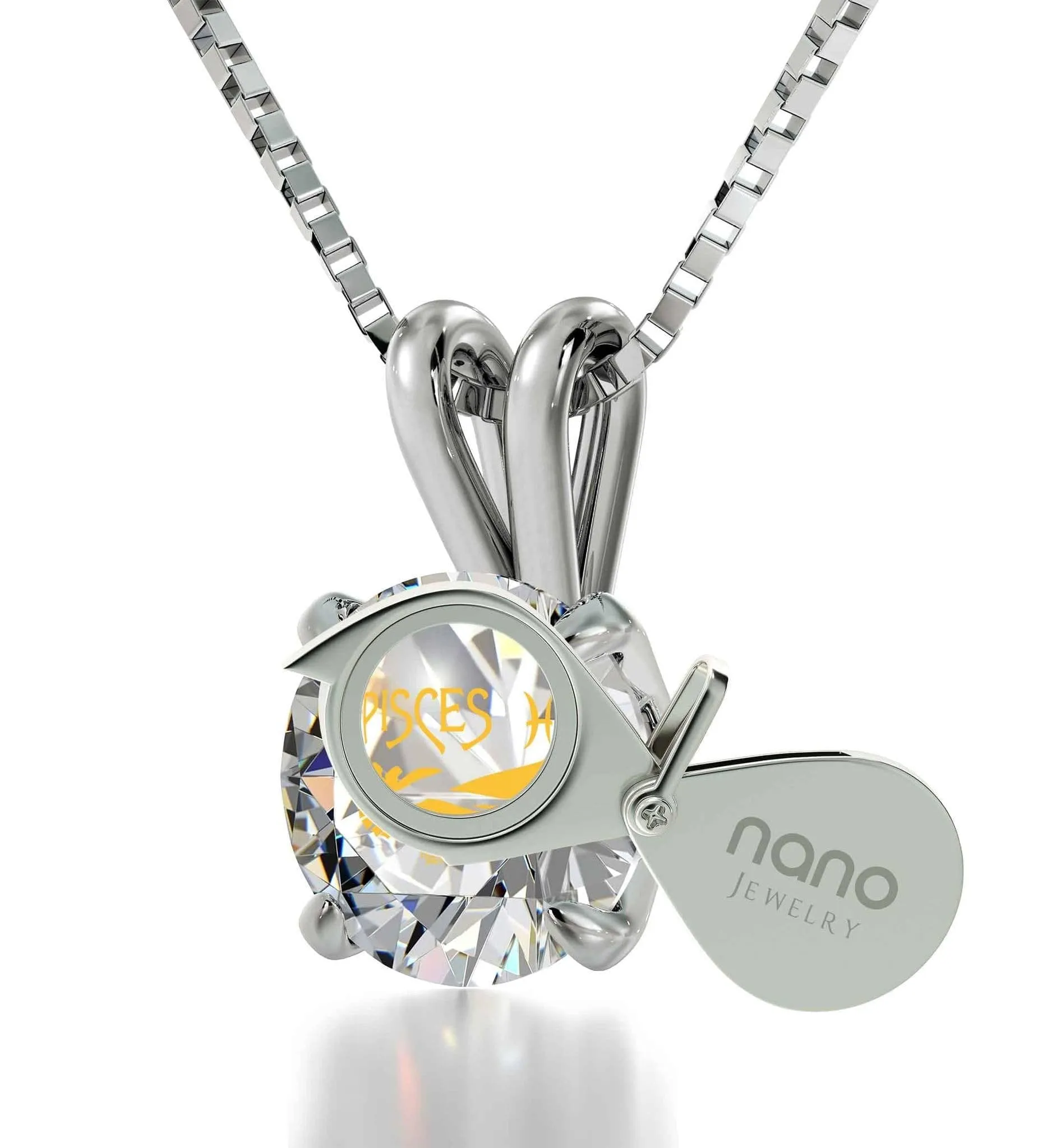 Pisces Sign, 14k White Gold Necklace, Swarovski