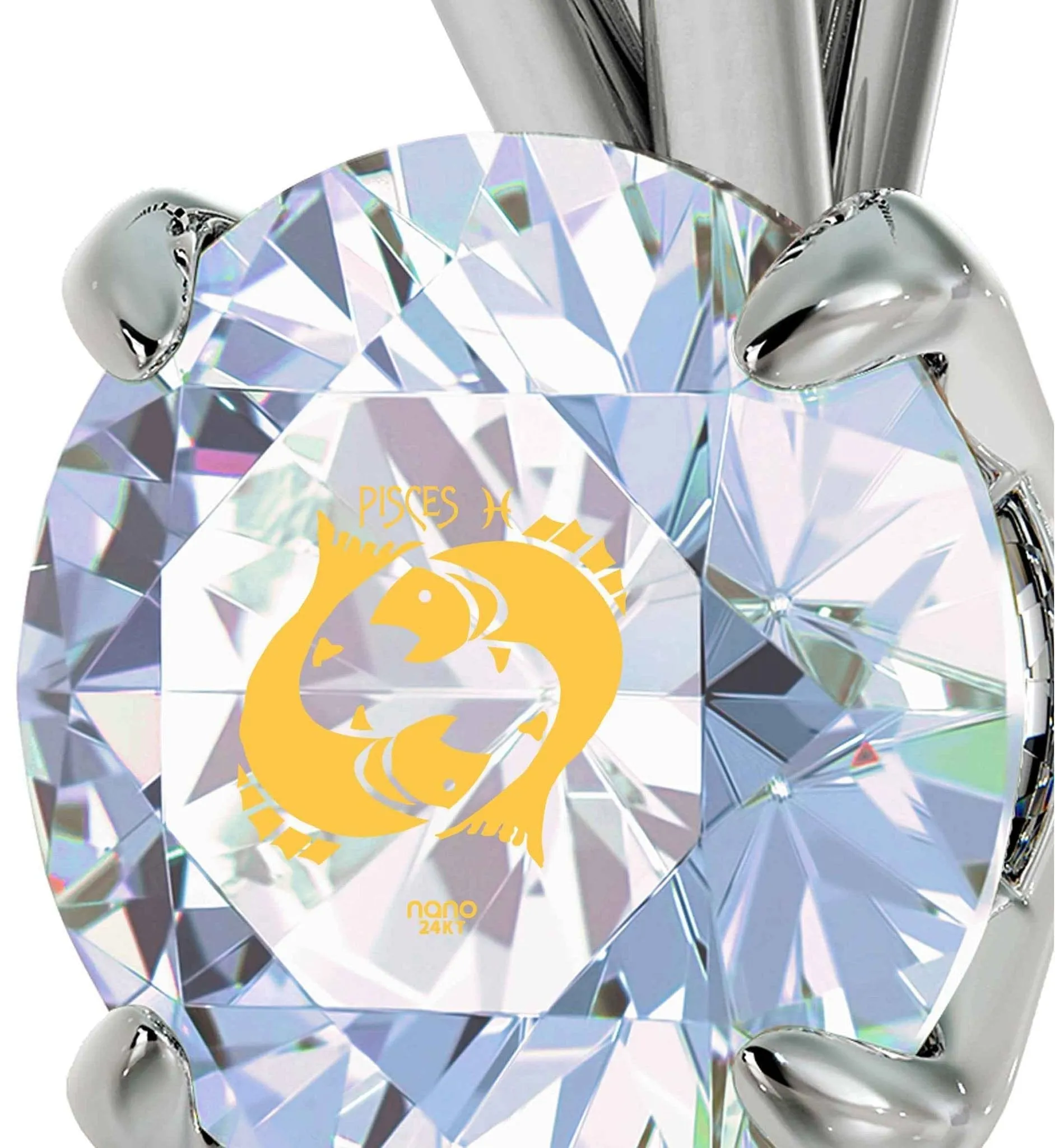 Pisces Sign, 14k White Gold Necklace, Swarovski