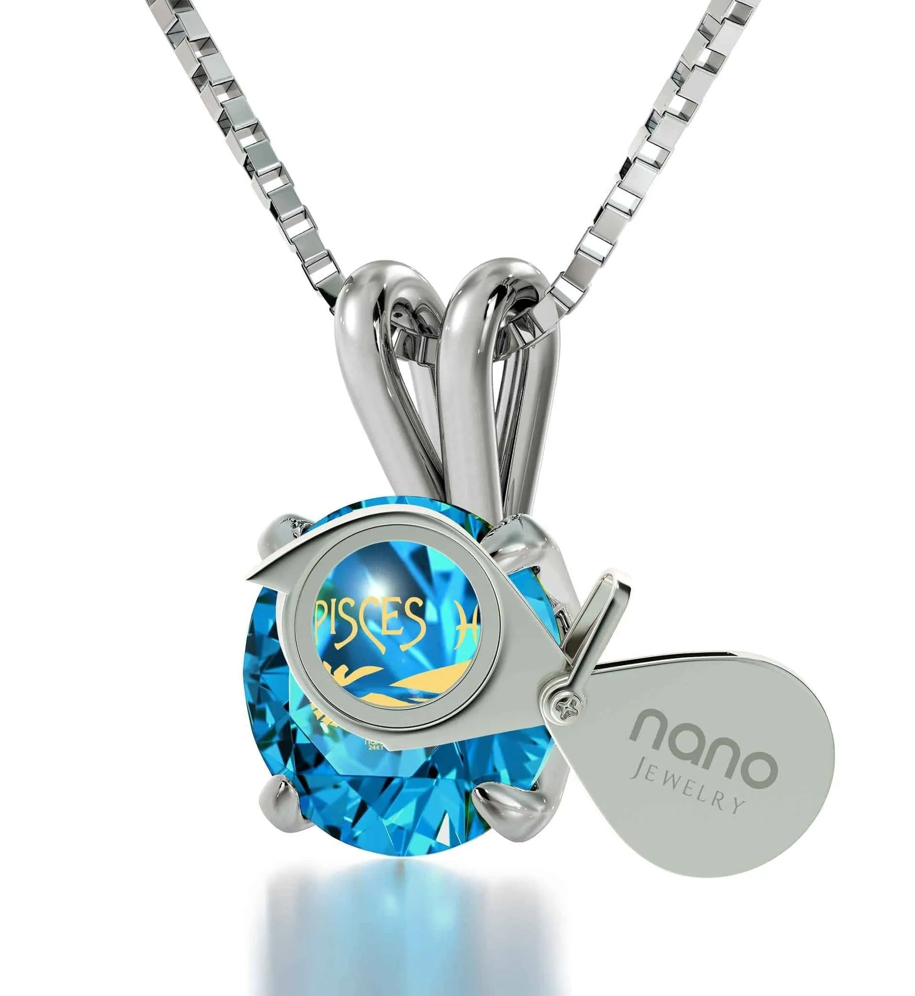 Pisces Sign, 14k White Gold Necklace, Swarovski