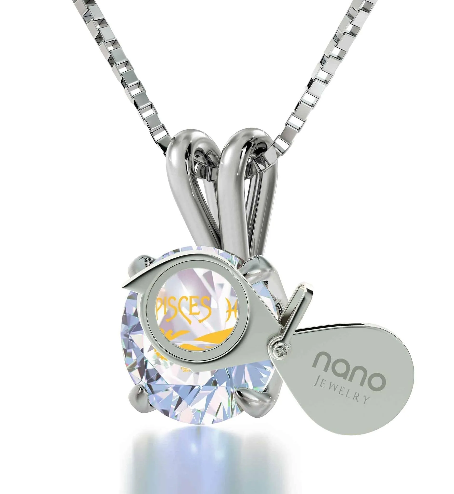 Pisces Sign, 14k White Gold Necklace, Swarovski