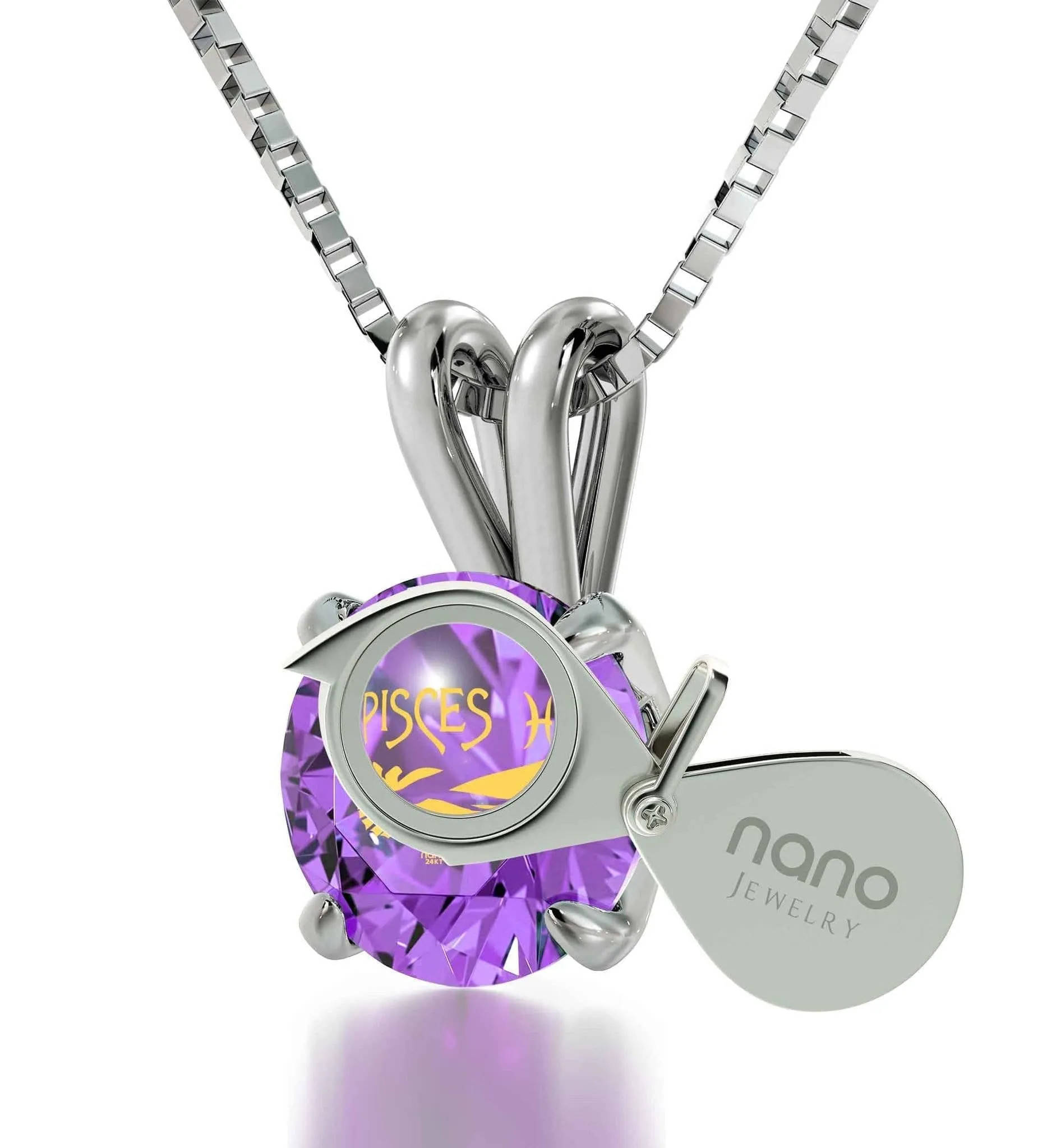 Pisces Sign, 14k White Gold Necklace, Swarovski