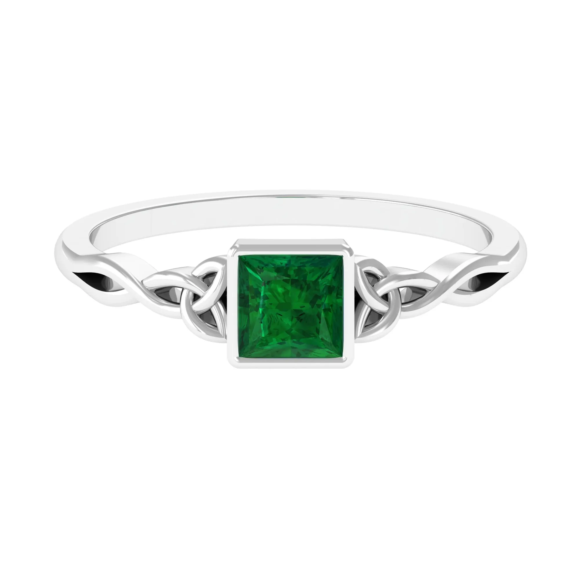 Princess Cut Lab Grown Emerald Solitaire Celtic Ring in Bezel Setting