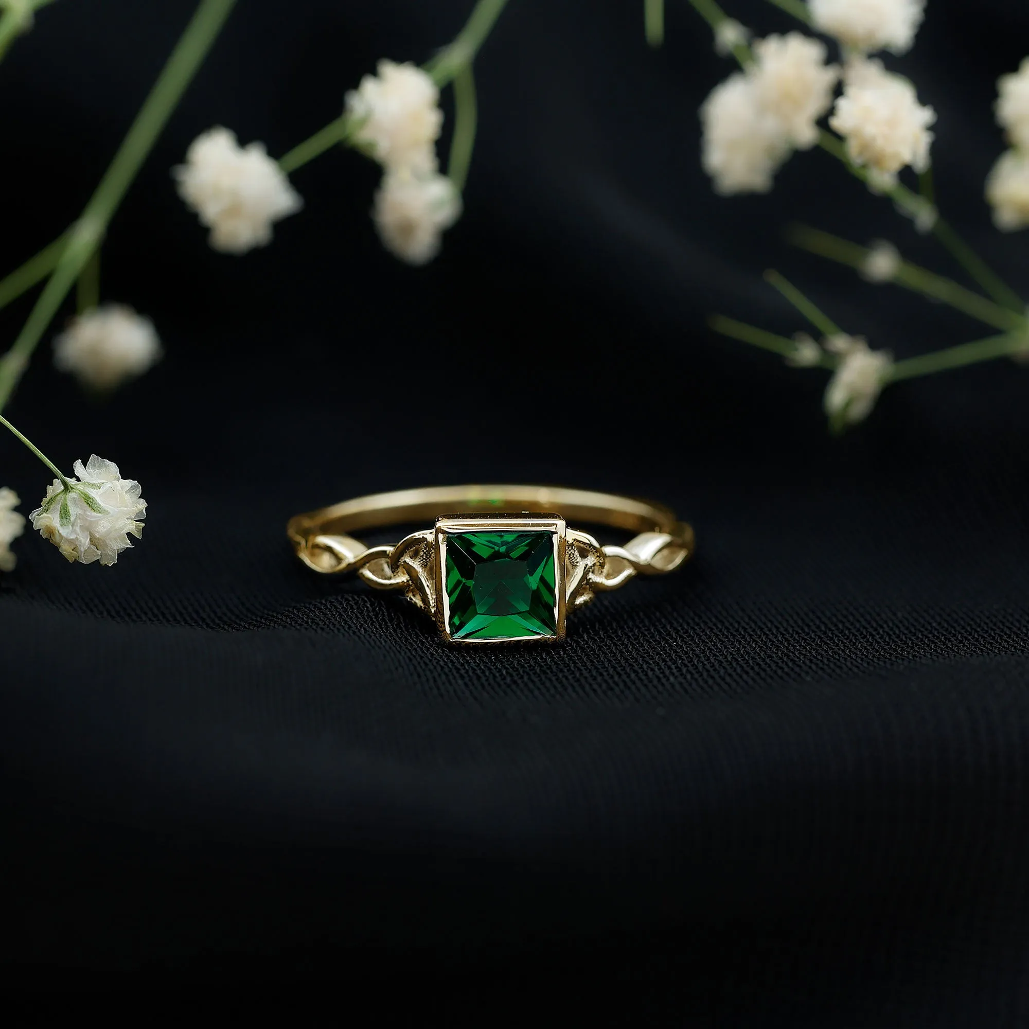 Princess Cut Lab Grown Emerald Solitaire Celtic Ring in Bezel Setting