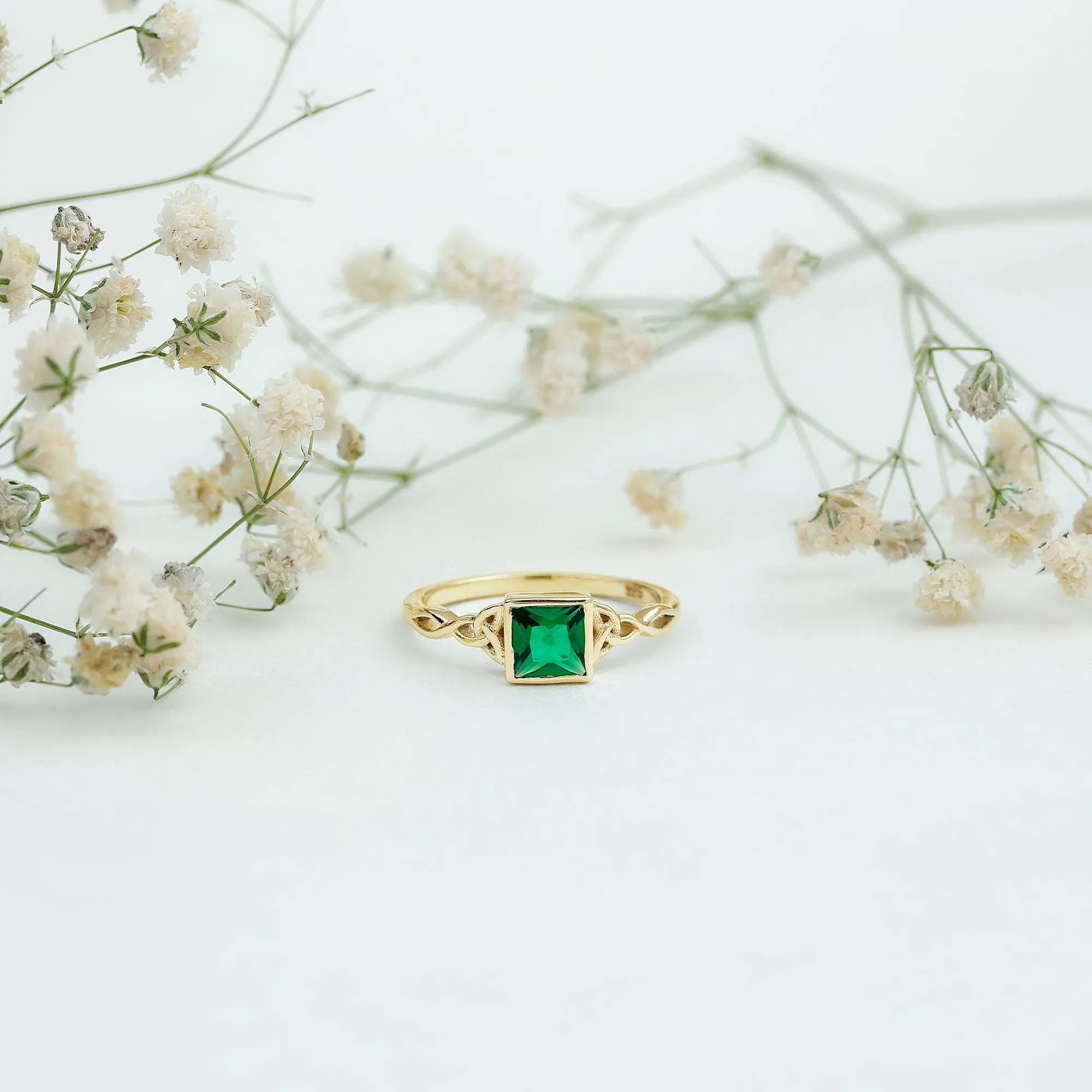Princess Cut Lab Grown Emerald Solitaire Celtic Ring in Bezel Setting