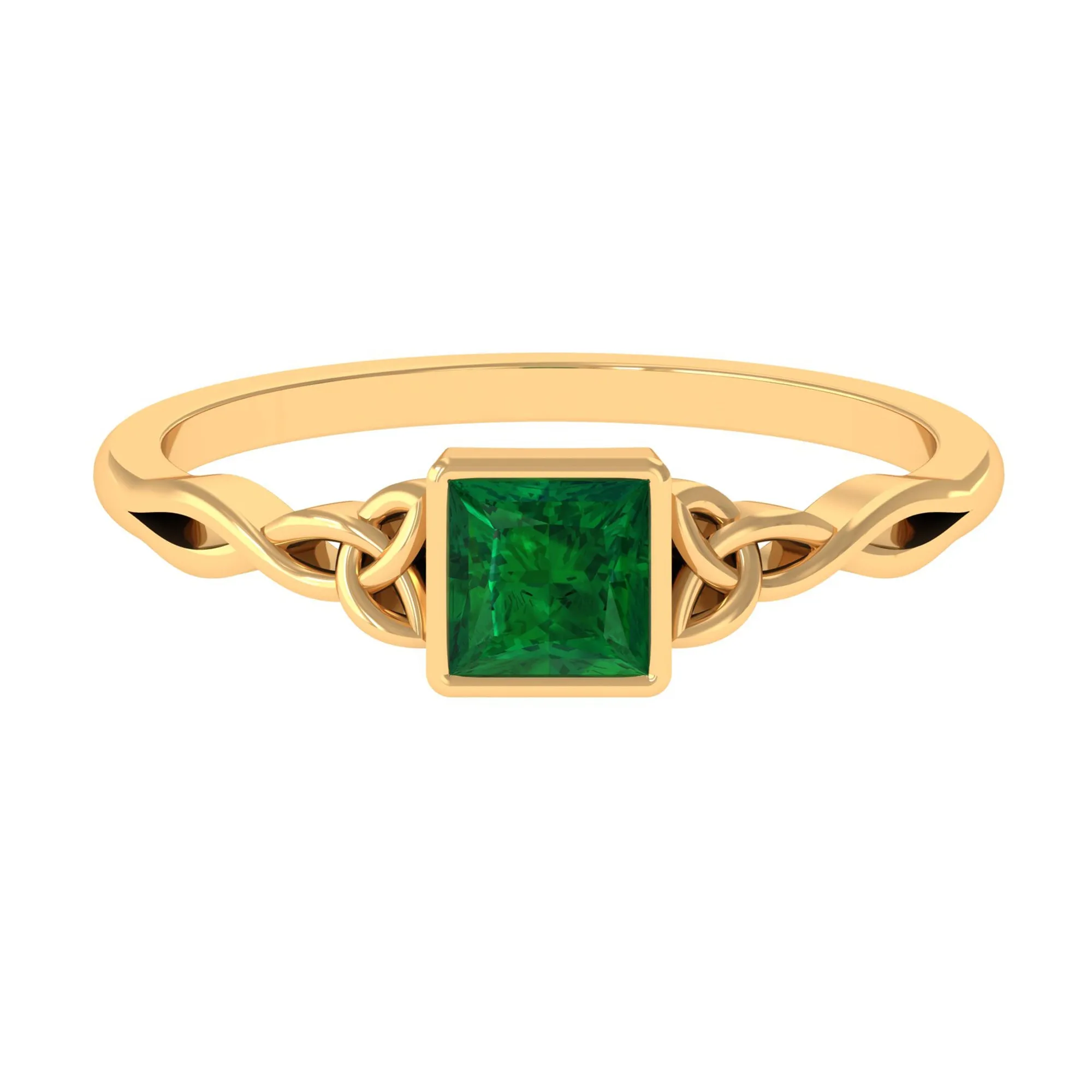 Princess Cut Lab Grown Emerald Solitaire Celtic Ring in Bezel Setting
