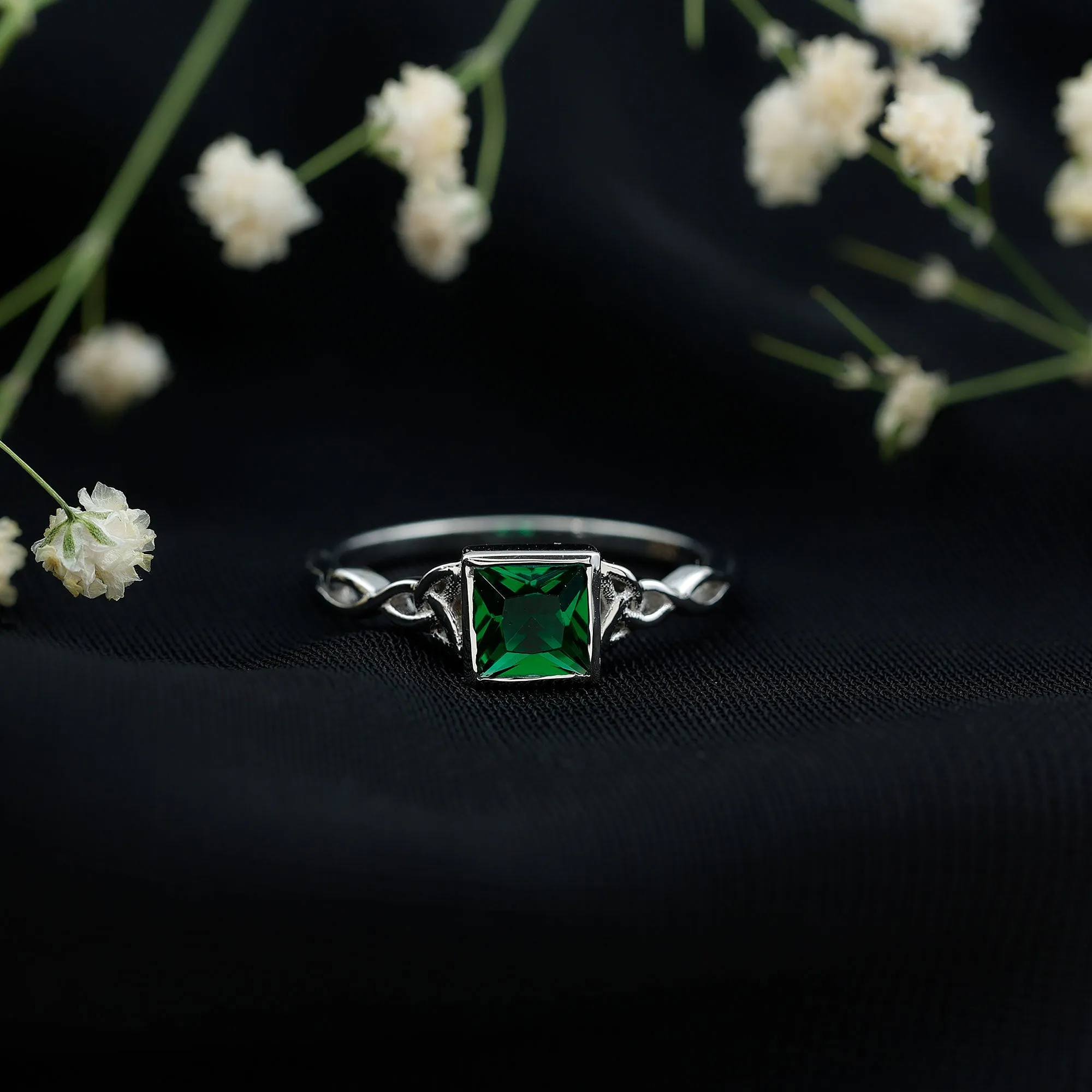 Princess Cut Lab Grown Emerald Solitaire Celtic Ring in Bezel Setting