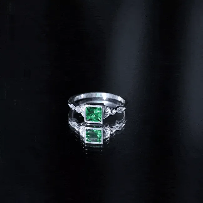 Princess Cut Lab Grown Emerald Solitaire Celtic Ring in Bezel Setting