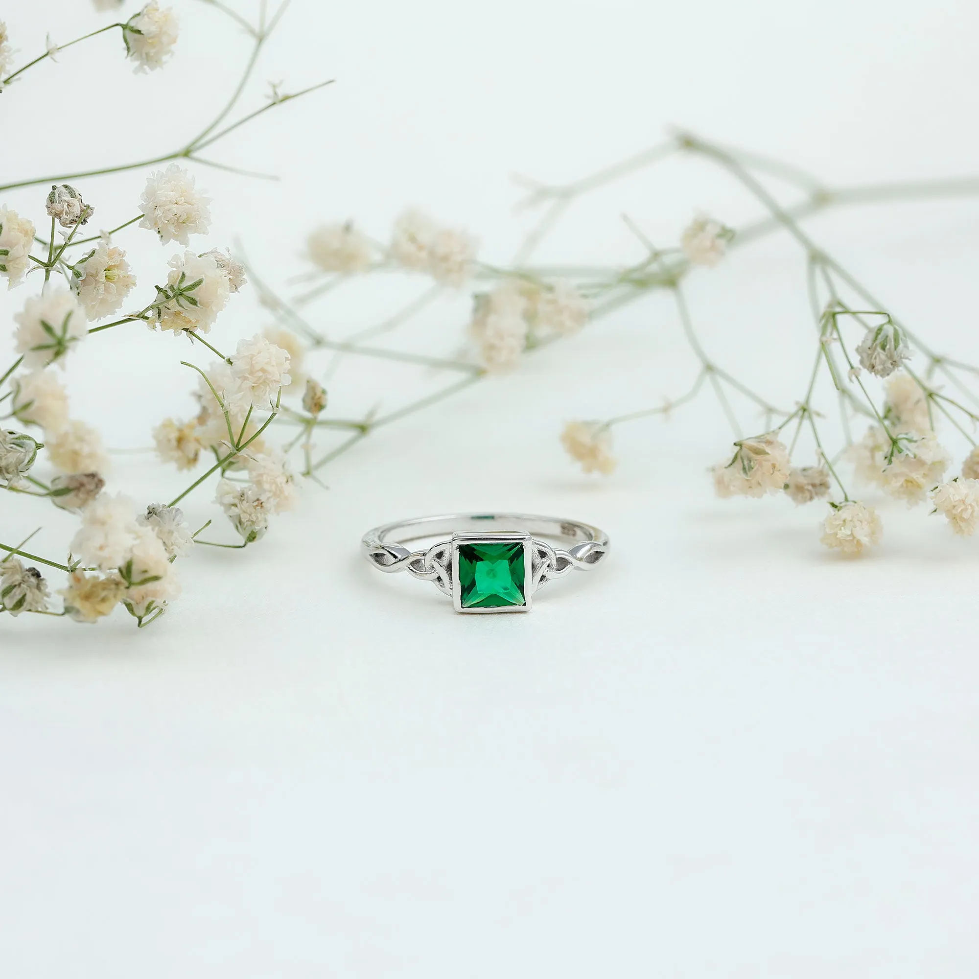 Princess Cut Lab Grown Emerald Solitaire Celtic Ring in Bezel Setting