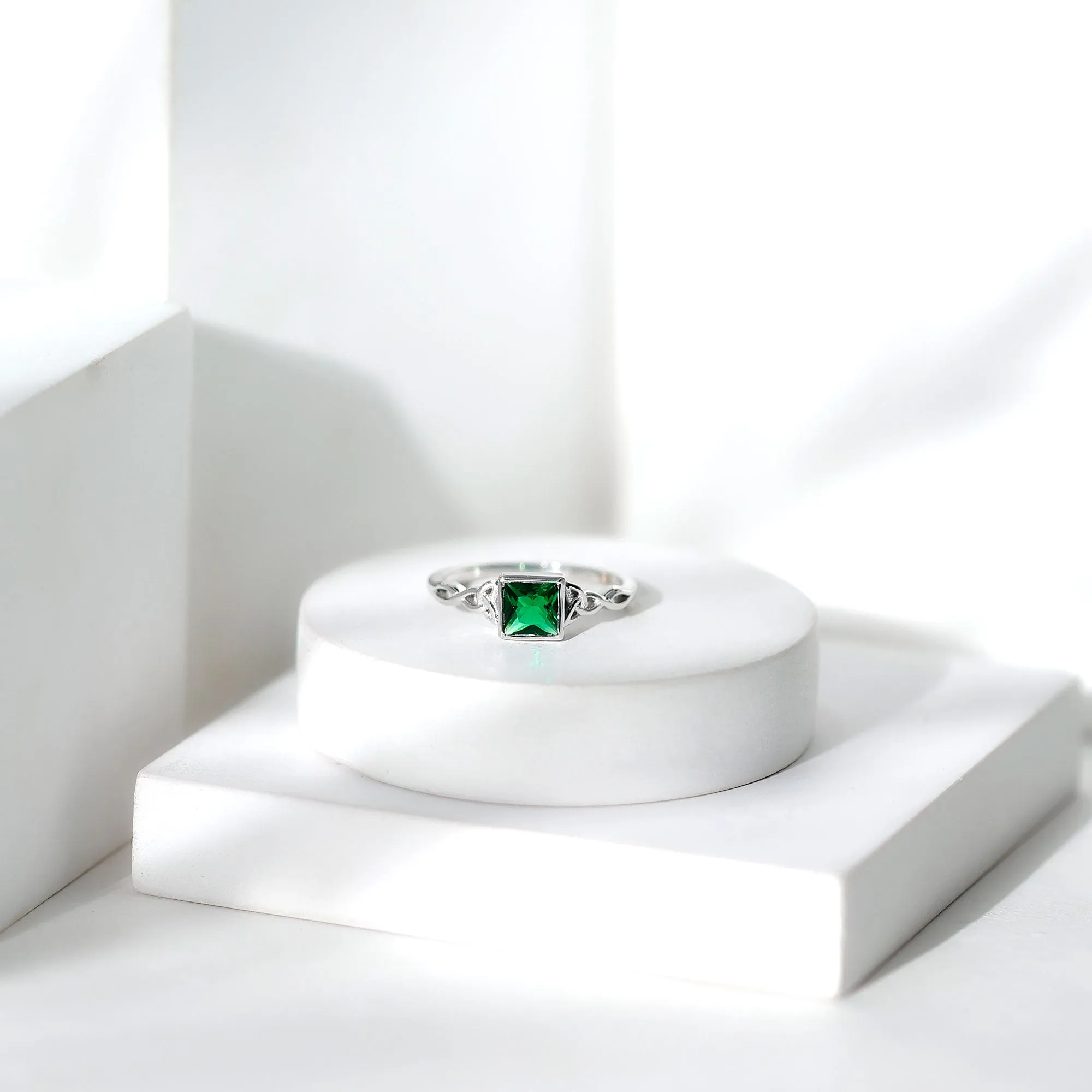 Princess Cut Lab Grown Emerald Solitaire Celtic Ring in Bezel Setting
