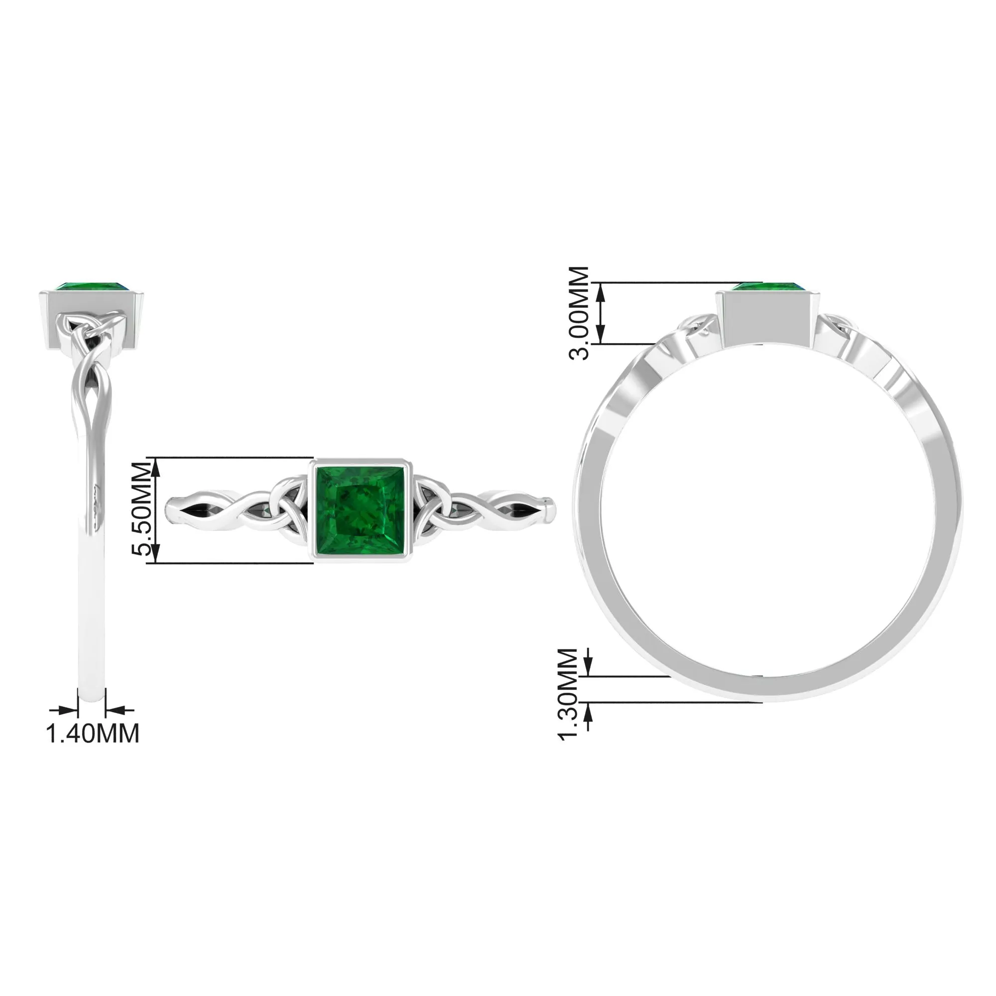 Princess Cut Lab Grown Emerald Solitaire Celtic Ring in Bezel Setting