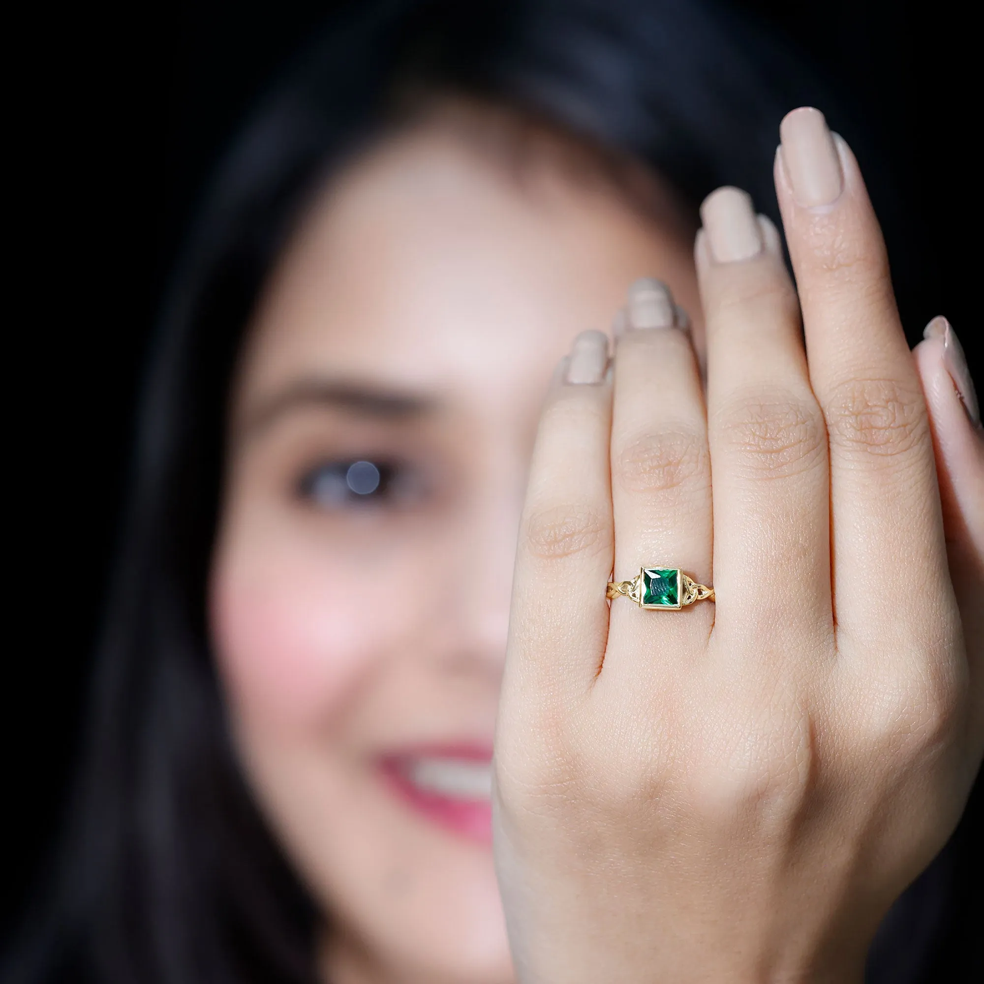 Princess Cut Lab Grown Emerald Solitaire Celtic Ring in Bezel Setting