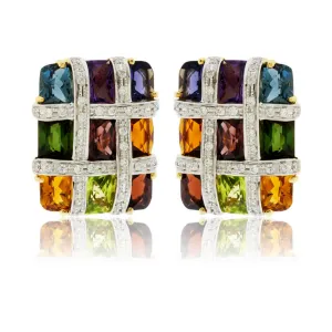 Rainbow Mixed Gemstone Checkerboard Earrings