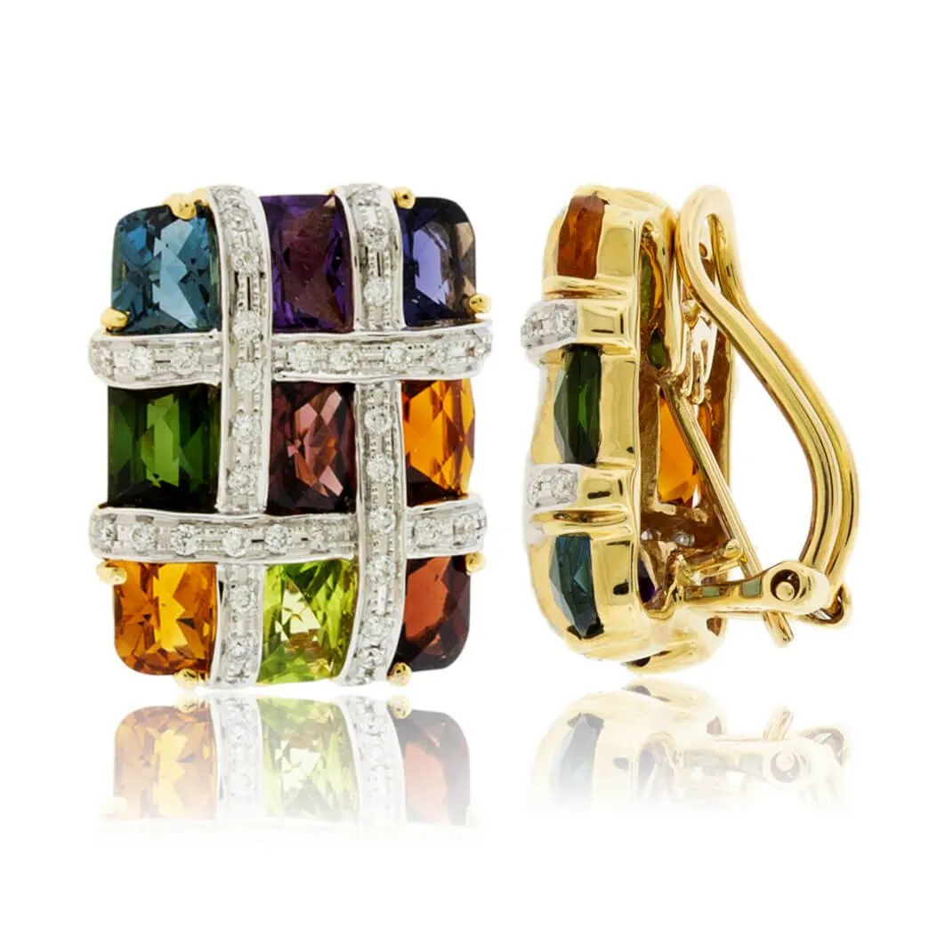 Rainbow Mixed Gemstone Checkerboard Earrings