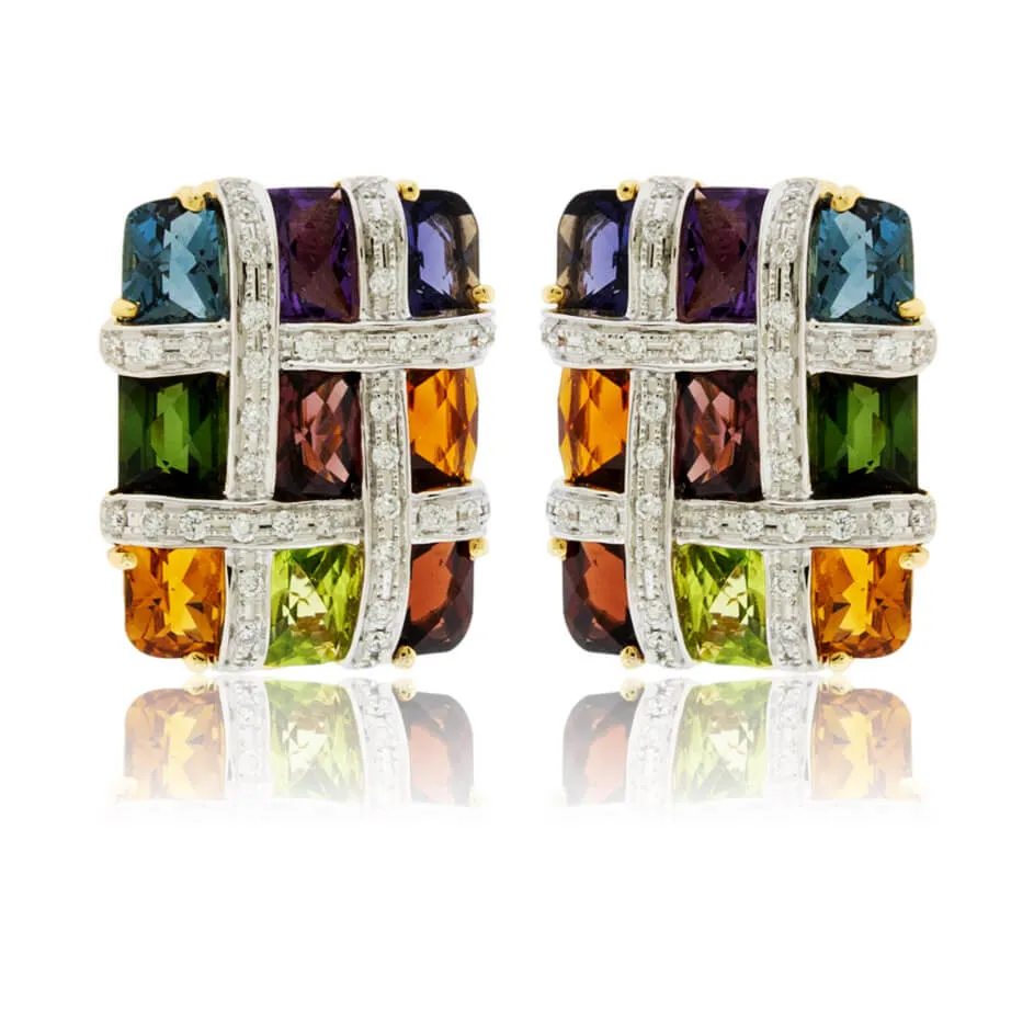 Rainbow Mixed Gemstone Checkerboard Earrings
