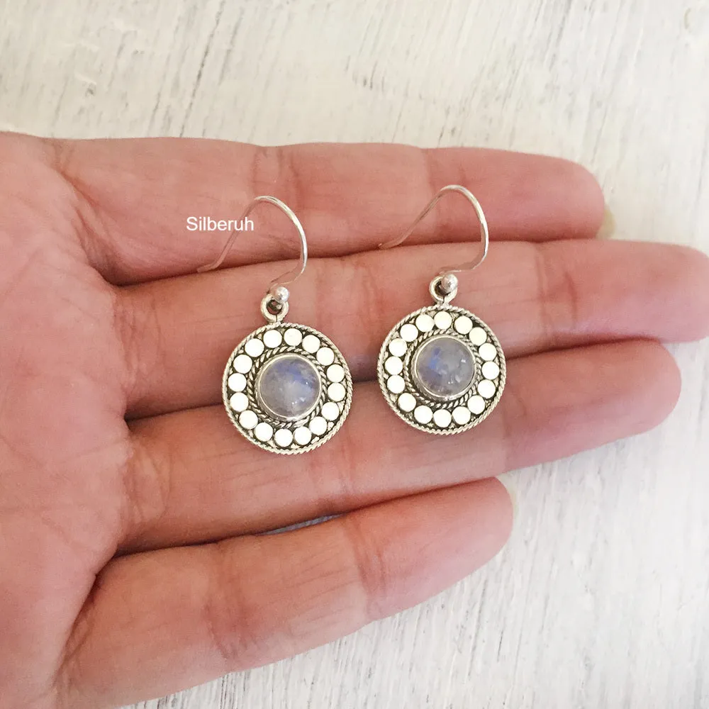 Rainbow Moonstone Disc Silver Earring