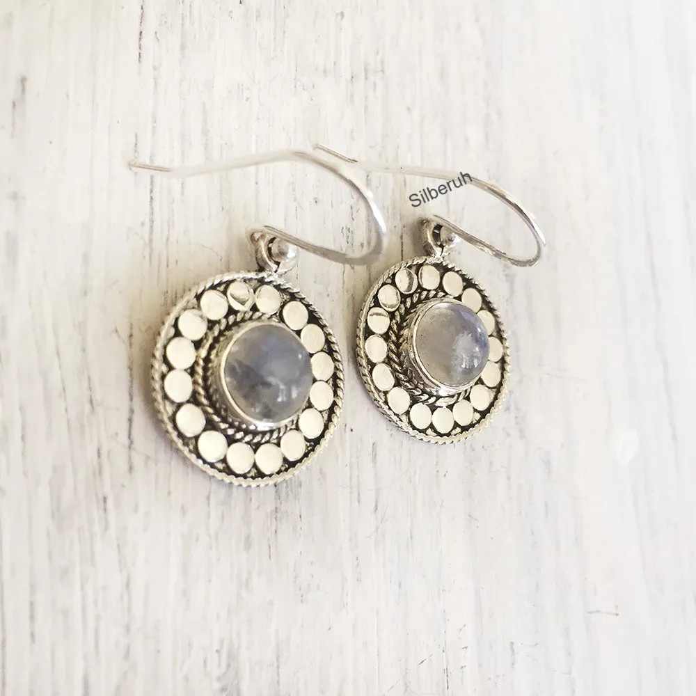 Rainbow Moonstone Disc Silver Earring